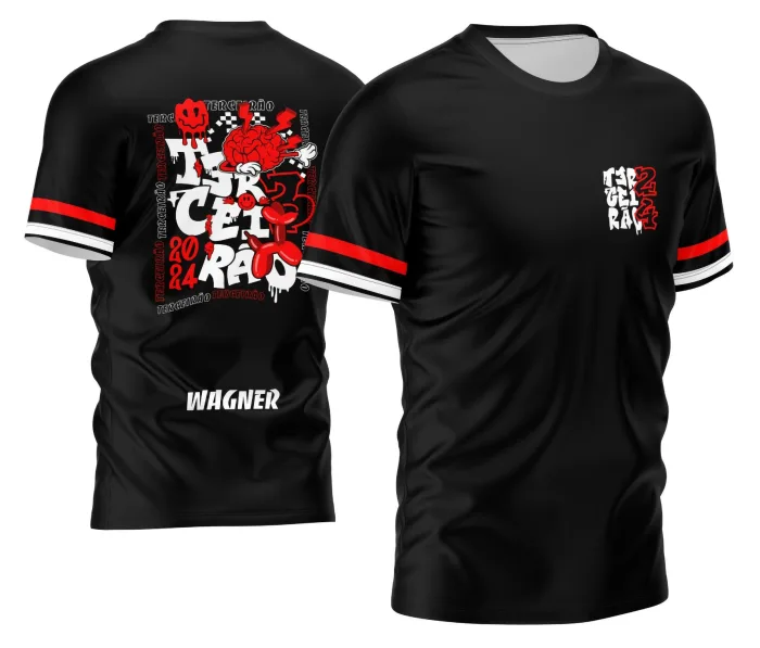 Camiseta unissex preta com logo no peito e estampa grande nas costas mostrando Dog com Balão Colorido, perfeita para estudantes e festas de despedida.