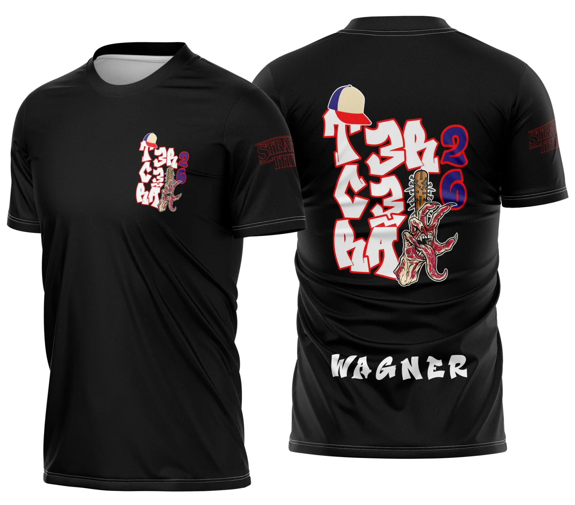 Camiseta unissex preta com logo no peito e estampa grande nas costas do tema Terceirão Vecna Stranger Things Impacto, ideal para fãs da série e estudantes.