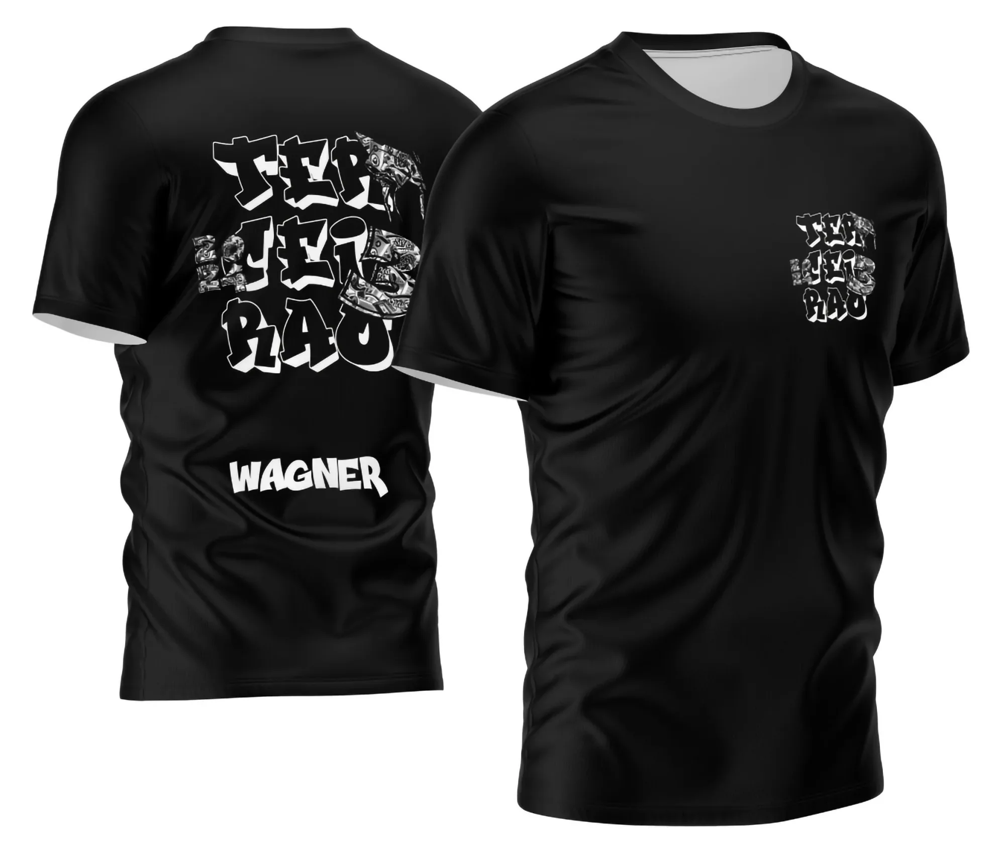 Camiseta unissex preta com logo no peito e estampa grande nas costas da turma do Terceirão, ideal para ocasiões especiais e confraternizações entre estudantes.