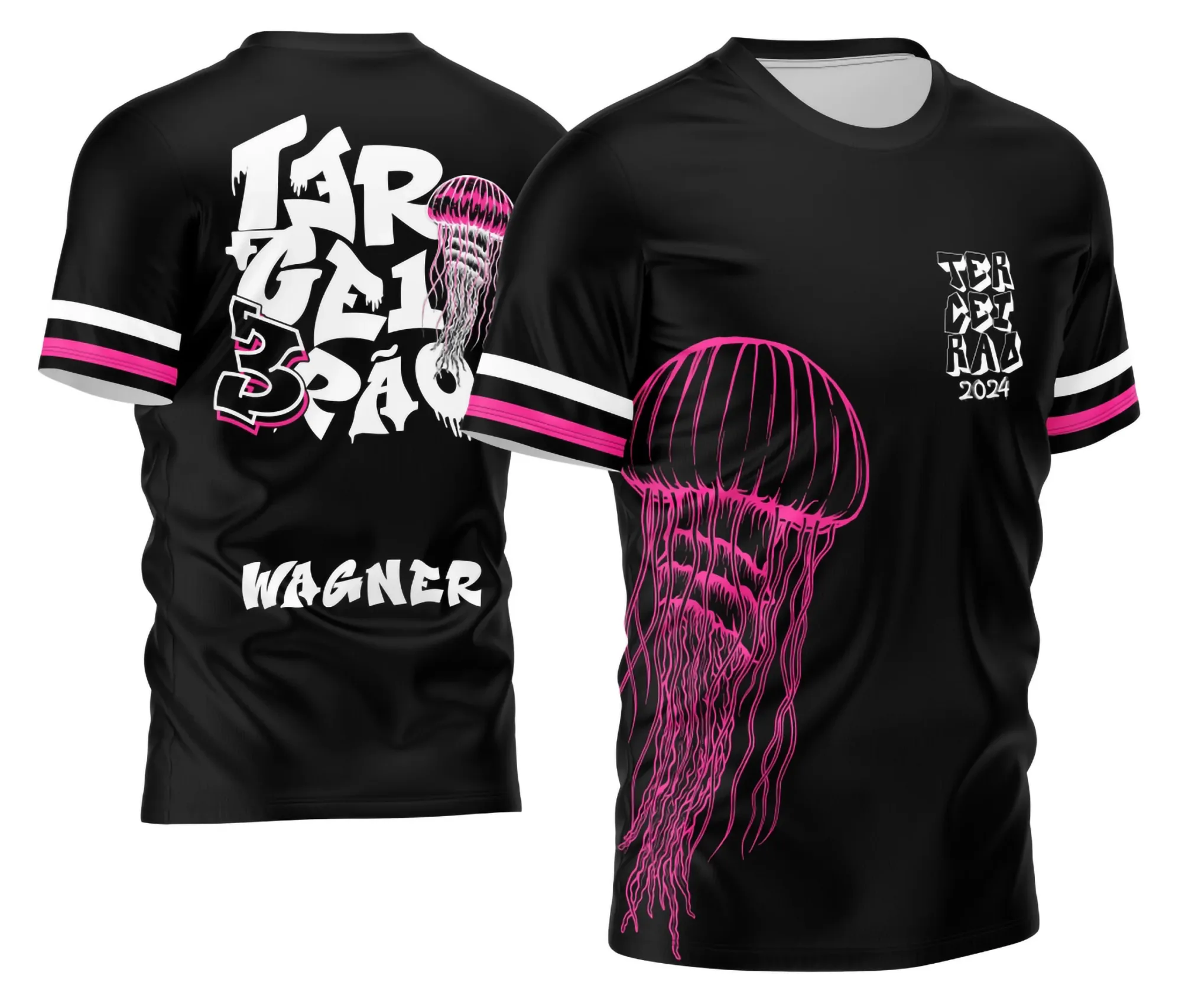 Camiseta unissex preta com logo no peito e estampa grande nas costas destacando o tema Terceirão Água Viva modelo 4, perfeita para o público jovem.