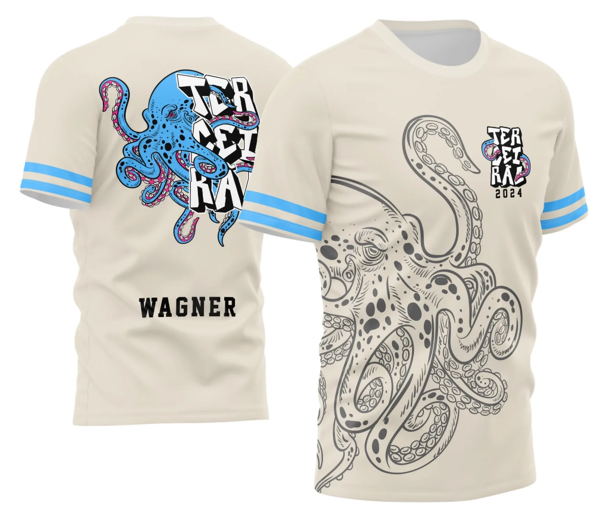 Camiseta unissex preta com logo no peito e estampa grande nas costas mostrando um polvo estilizado, tema Terceirão 2026 em destaque e visual moderno para jovens.