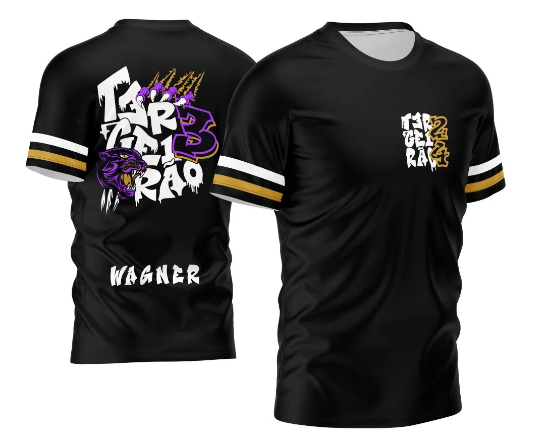 Camiseta unissex preta com logo no peito e estampa grande nas costas com tema Terceirão Pantera Negra, perfeita para estudantes que querem marcar a formatura com estilo e atitude.
