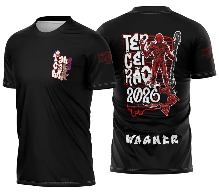 Camiseta unissex preta com logo no peito e estampa grande nas costas inspirada em Terceirão Vecna Stranger Things Impacto modelo 2, ideal para fãs da série e estudantes do último ano.