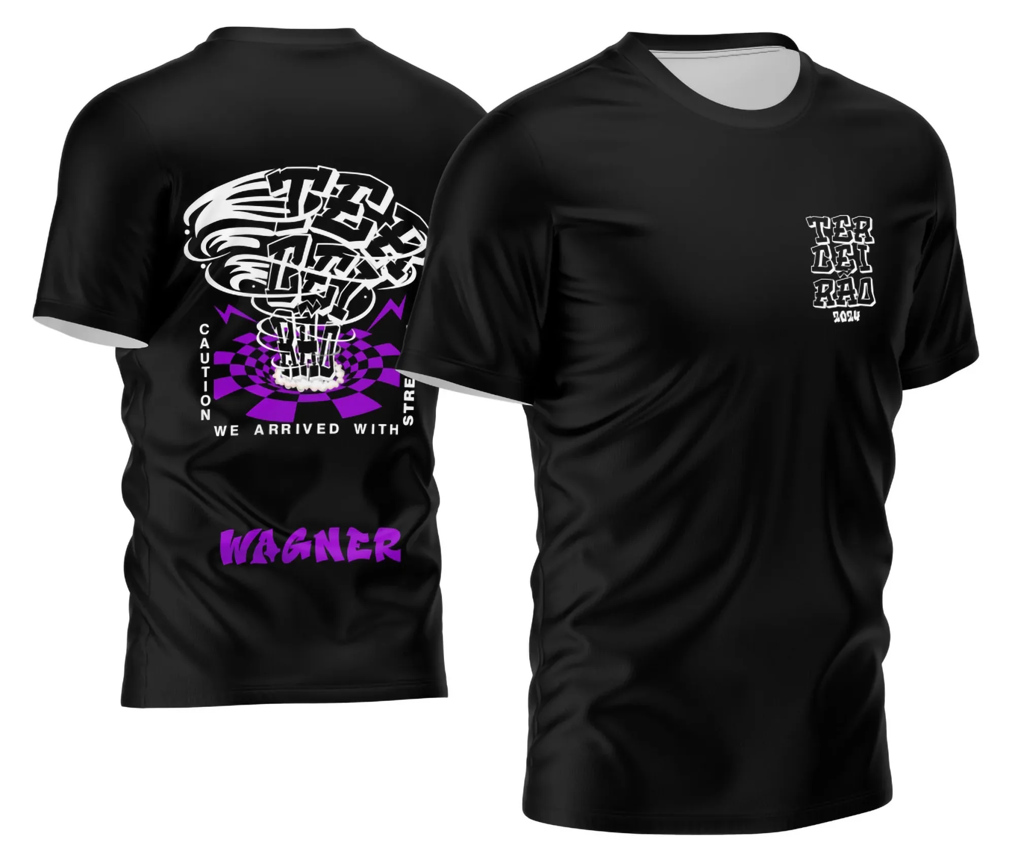 Camiseta unissex preta com logo no peito e estampa grande nas costas estilo Terceirão Furacão, ideal para grupos escolares e eventos de formatura.