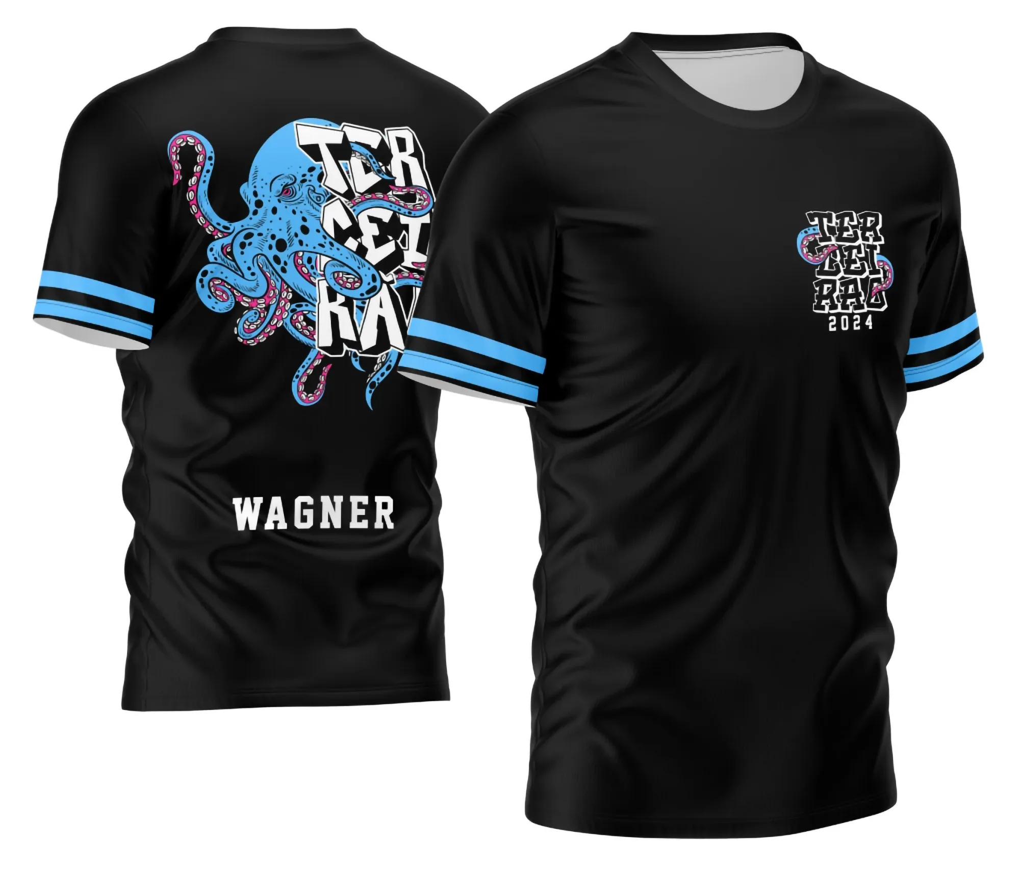 Camiseta unissex preta com logo no peito e estampa grande nas costas mostrando ilustração criativa de polvo para Terceirão 2026, perfeita para estudantes celebrarem essa fase única