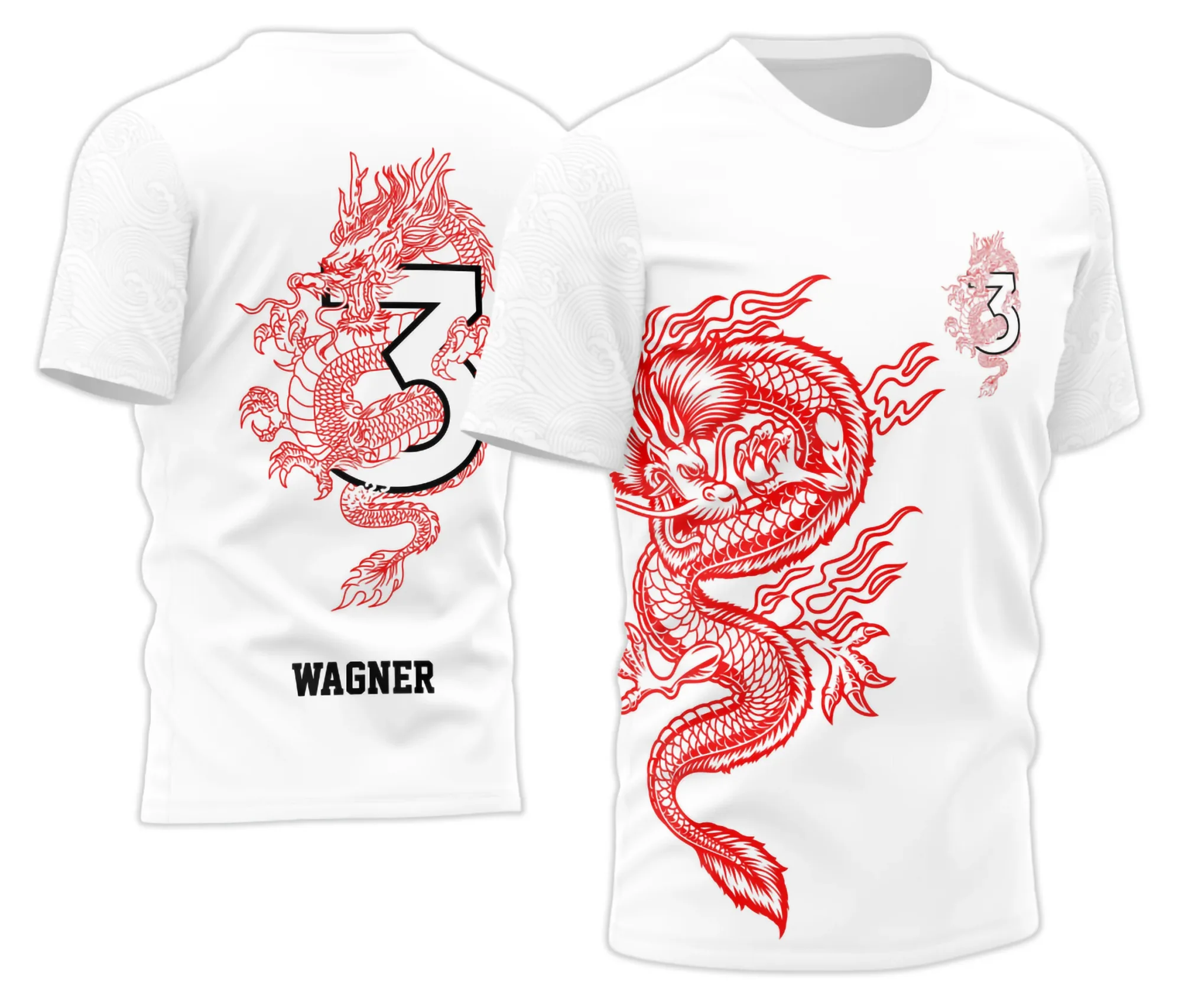 Camiseta unissex preta com logo no peito e estampa grande nas costas de dragão vermelho, ideal para turma do terceiro ano, estilo moderno e marcante.