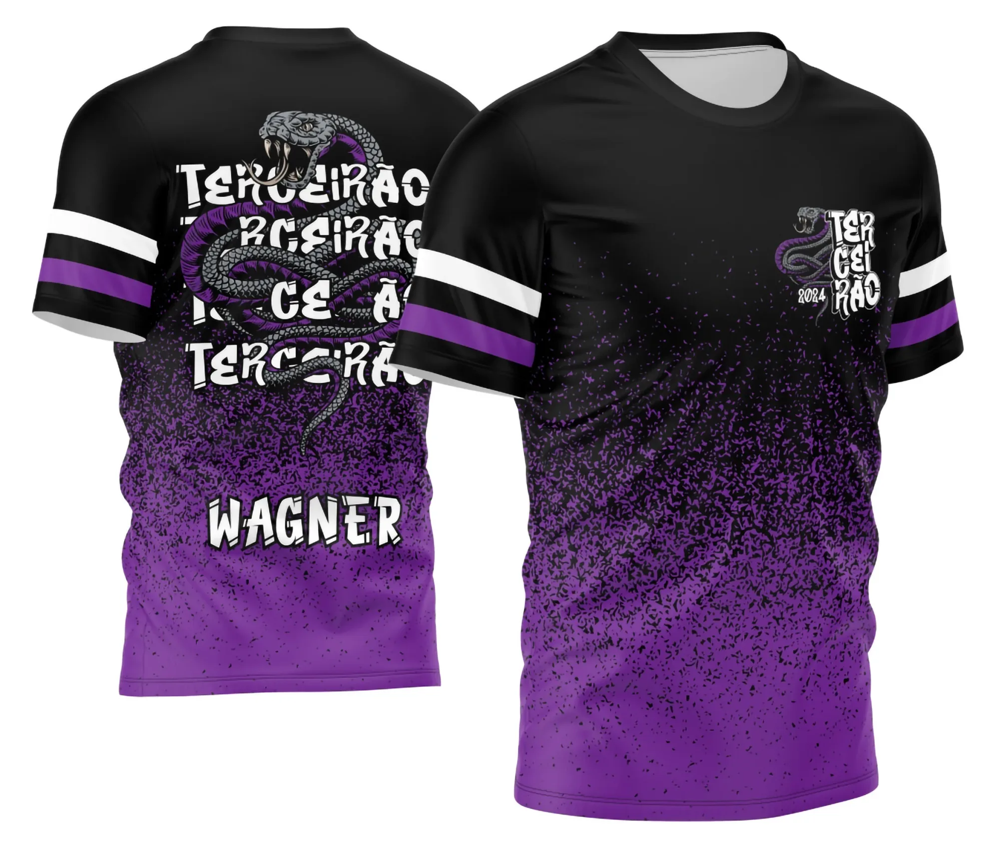 Camiseta unissex preta com logo no peito e estampa grande nas costas com tema de cobra para turma do terceirão, design moderno e marcante para jovens finalistas.