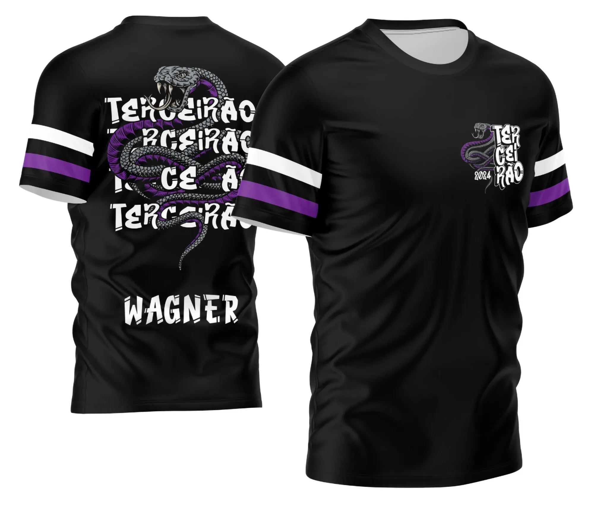 Camiseta unissex preta com logo no peito e estampa grande nas costas do Terceirão Cobra modelo 3, ideal para estudantes e grupos comemorativos.