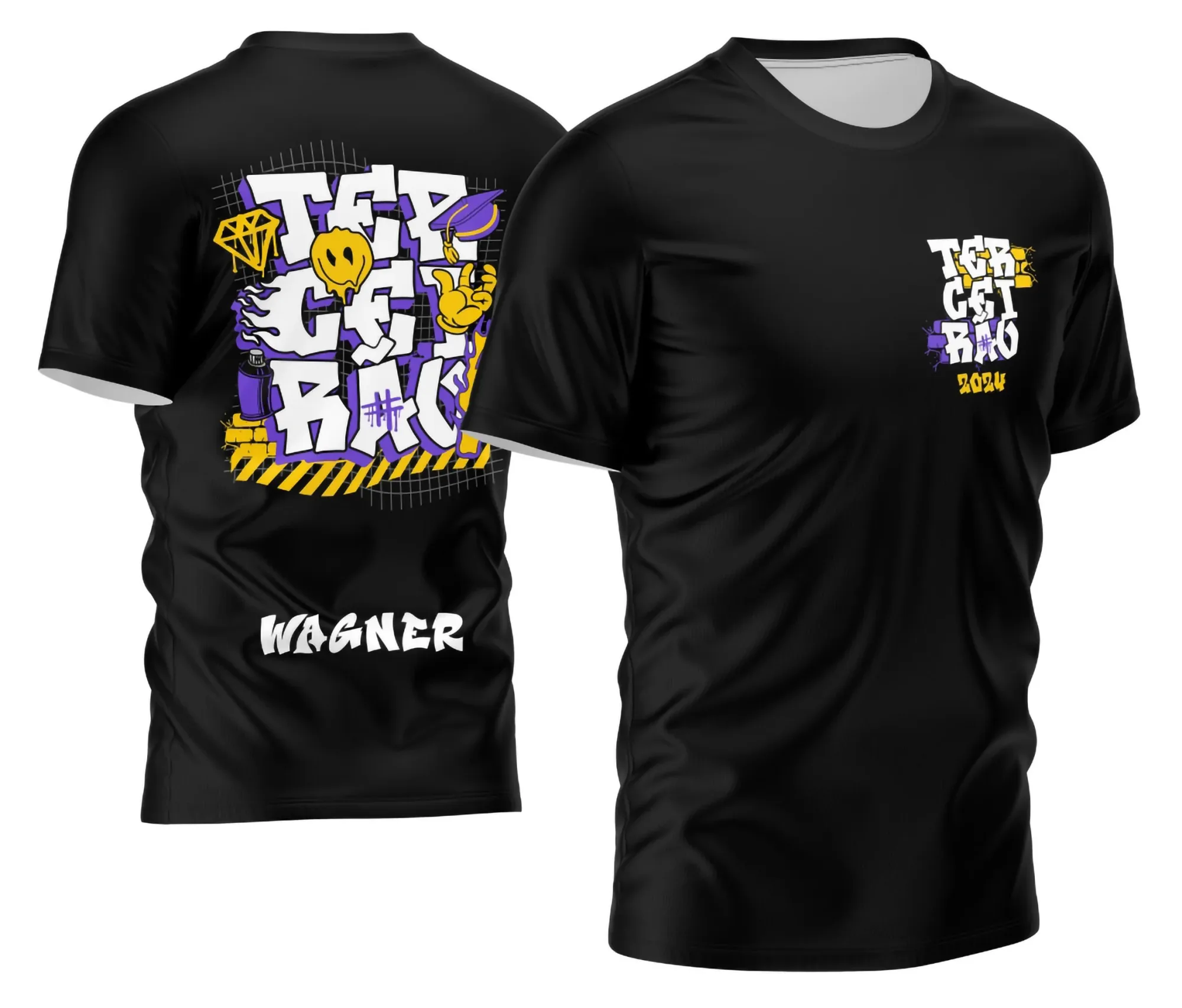 Camiseta unissex preta com logo no peito e estampa grande nas costas mostrando a mão lançando chapéu, tema Terceirão destaque estilos moderno e marcante.