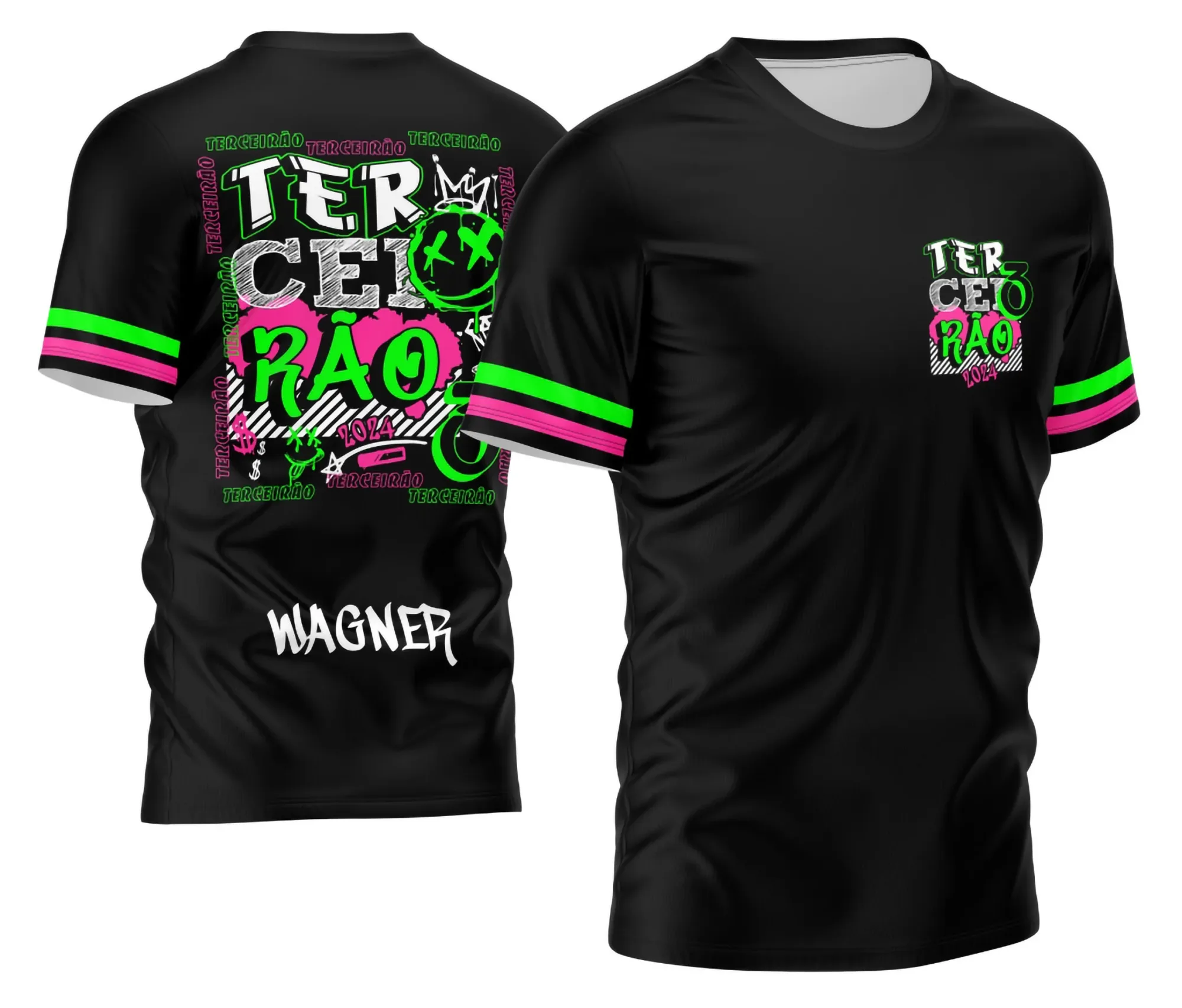 Camiseta unissex preta com logo no peito e estampa grande nas costas com tema Estilo Graffiti para Camisa do Terceirão, ideal para estudantes que querem se destacar com estilo urbano.