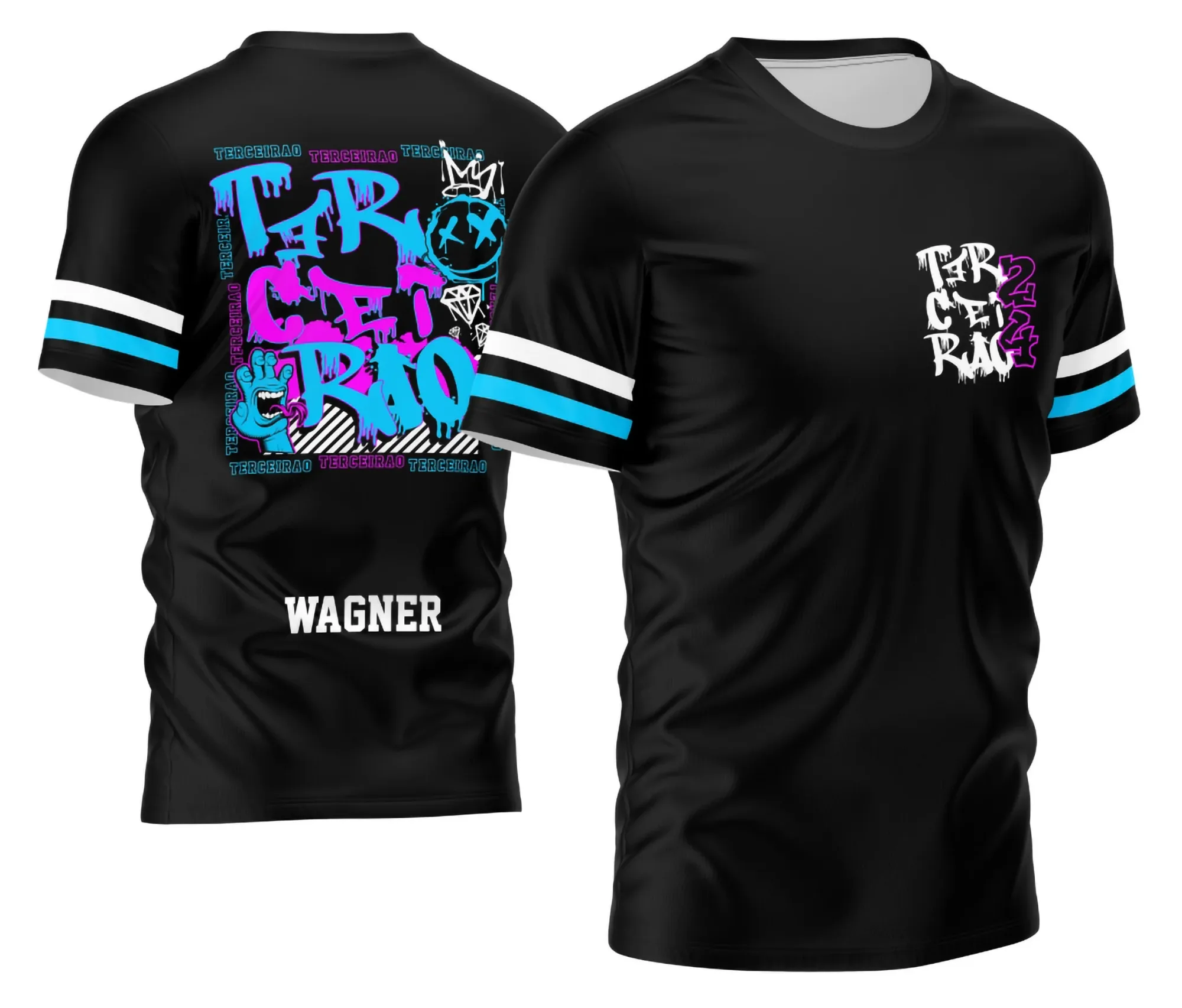 Camiseta unissex preta com logo no peito e estampa grande nas costas inspirada no estilo Terceirão graffiti, ideal para jovens que buscam um visual urbano e moderno.