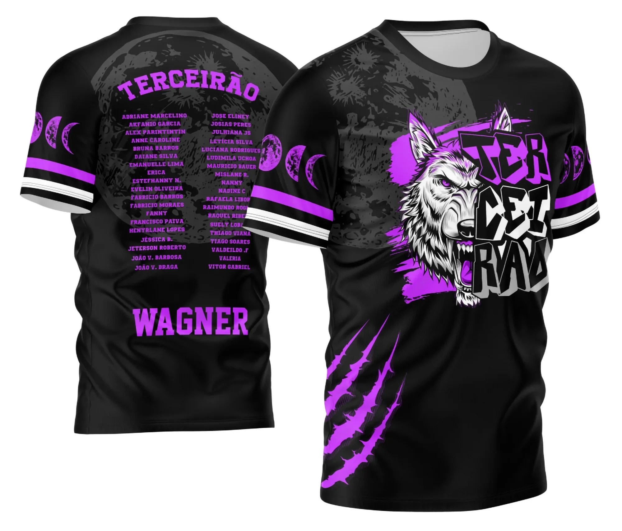 Camiseta unissex preta com logo no peito e estampa grande nas costas tema Terceirão 2026 Lobo Branco modelo 2, design moderno e impactante para celebração escolar