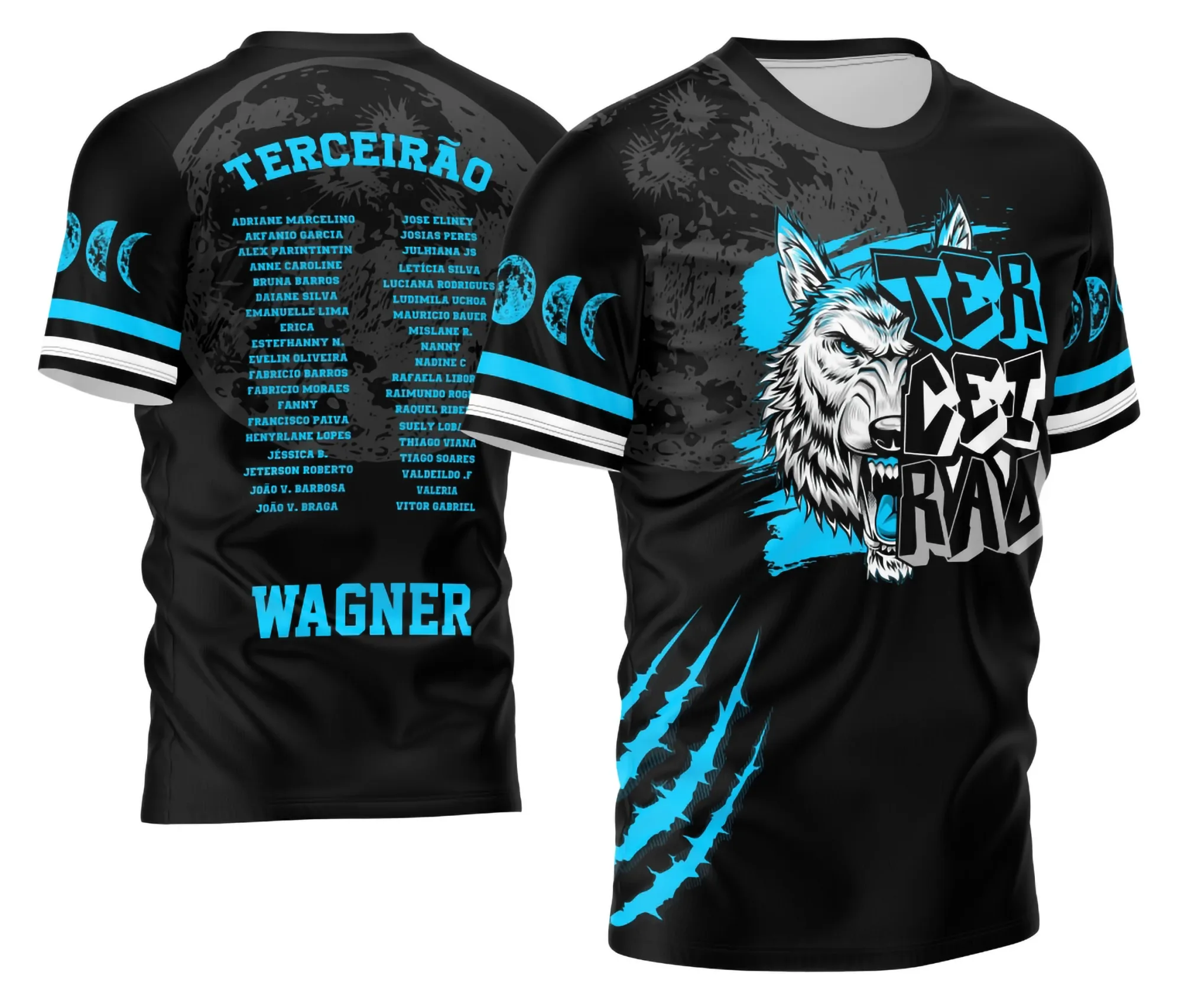 Camiseta unissex preta com logo no peito e estampa grande nas costas do tema Terceirão 2026 Lobo Branco modelo 4, design moderno e impactante para estudantes.