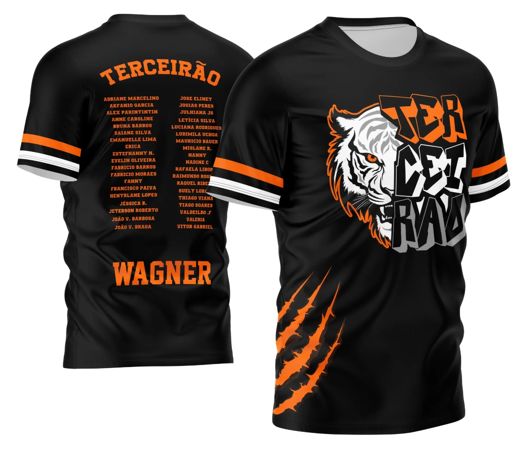 Camiseta unissex preta com logo no peito e estampa grande nas costas do Terceirão Tigre Branco Impacto, visual marcante e moderno, ideal para estudantes e fãs do tema.