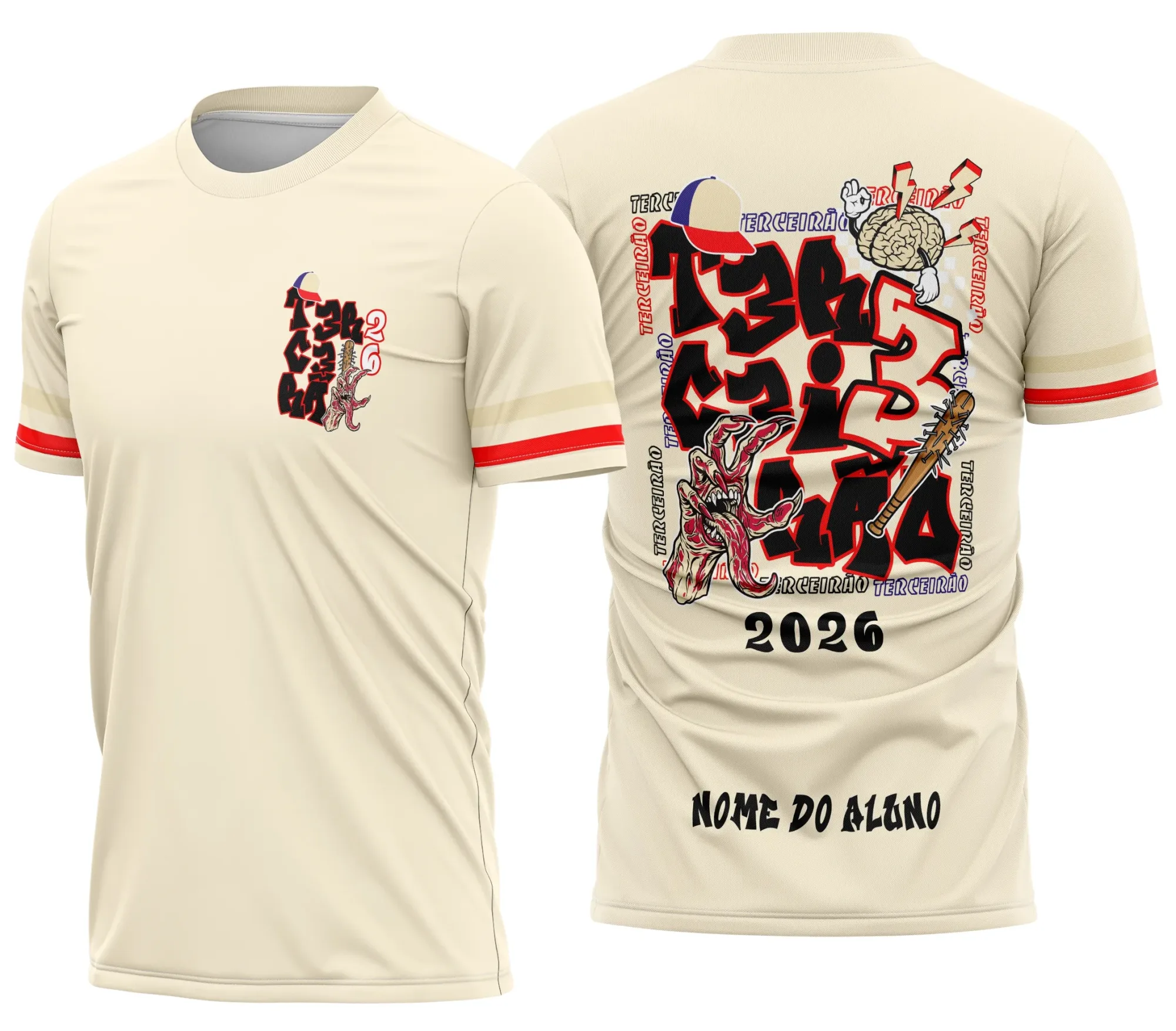 Camiseta unissex preta com logo no peito e estampa grande nas costas, inspirada no Terceirão Vecna Stranger Things, visual moderno e impactante para fãs da série.