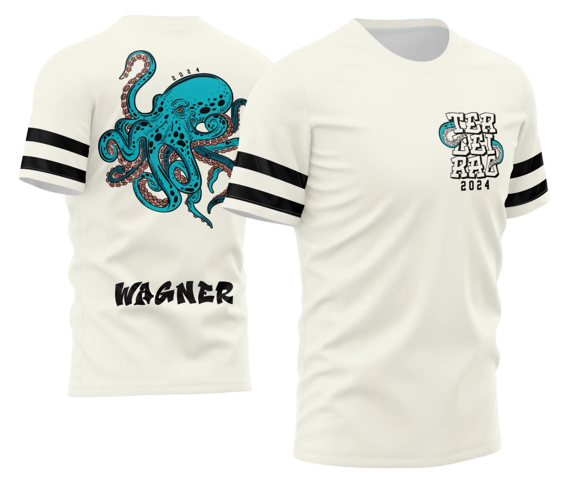 Camiseta unissex preta com logo no peito e estampa grande nas costas do tema Terceirão 2026 com polvo, ideal para estudantes que querem marcar a formatura com estilo único.