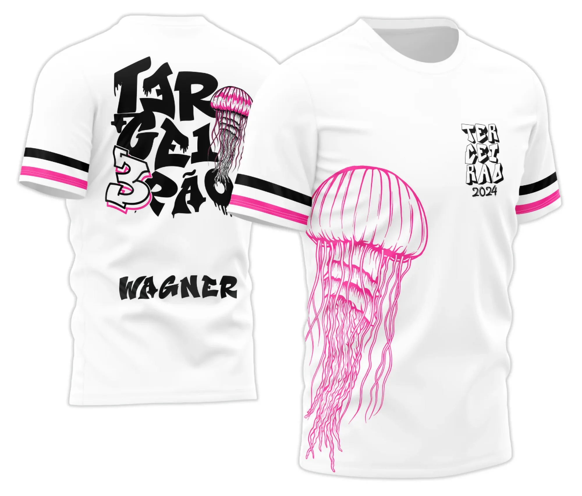 Camiseta unissex preta com logo no peito e estampa grande nas costas do tema Terceirão Medusa Marinha, perfeita para estudantes que querem expressar orgulho e personalidade.