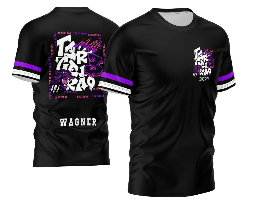 Camiseta preta unissex com logo no peito e estampa grande nas costas do estilo Terceirão Pantera Negra Exclusiva, design moderno e marcante, ideal para quem busca identidade e atitude.