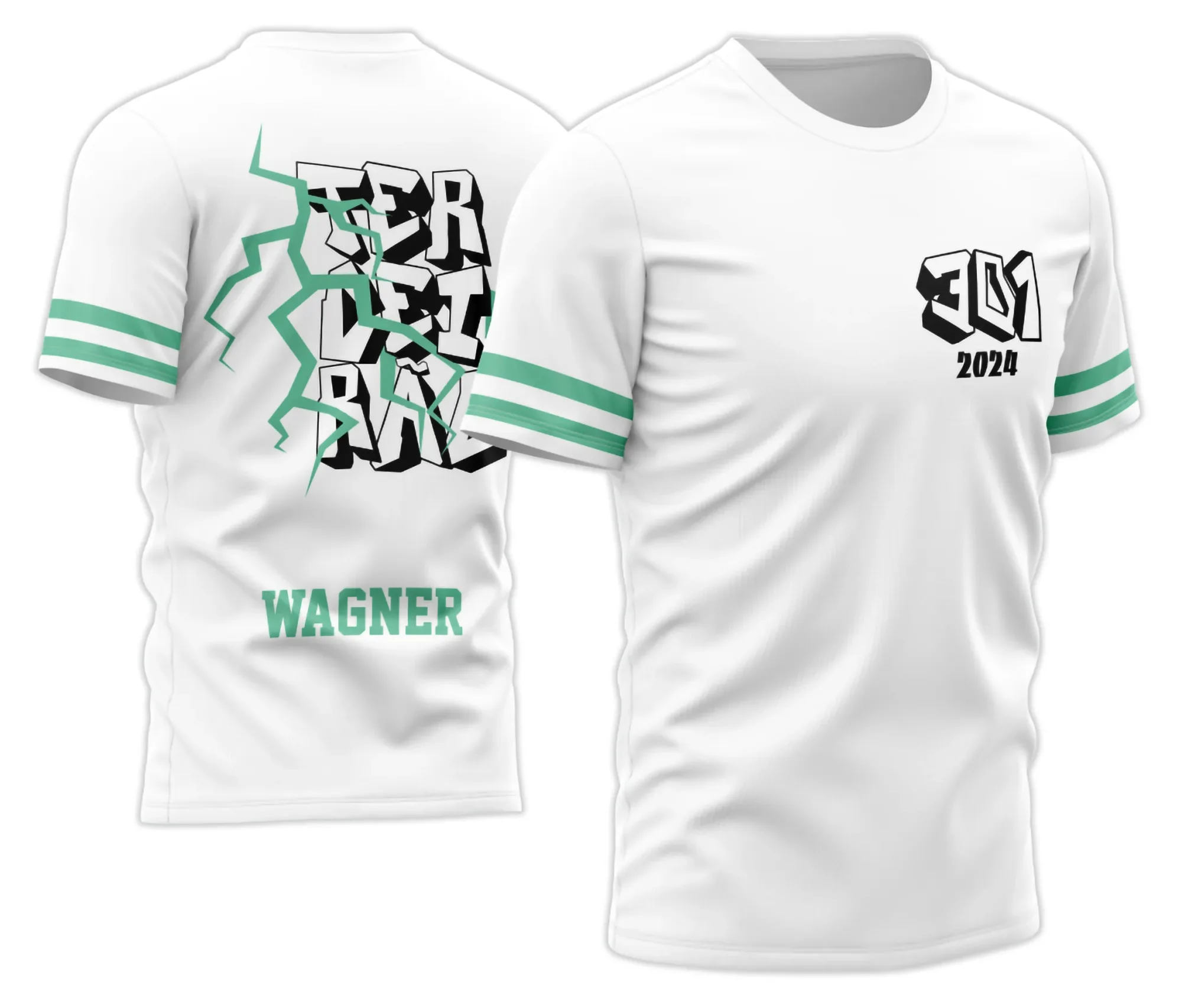 Foto de camiseta unissex preta com logo no peito e estampa grande nas costas com tema Terceirão Raio Branco Impacto, estilo moderno e jovem, ideal para confraternizações.