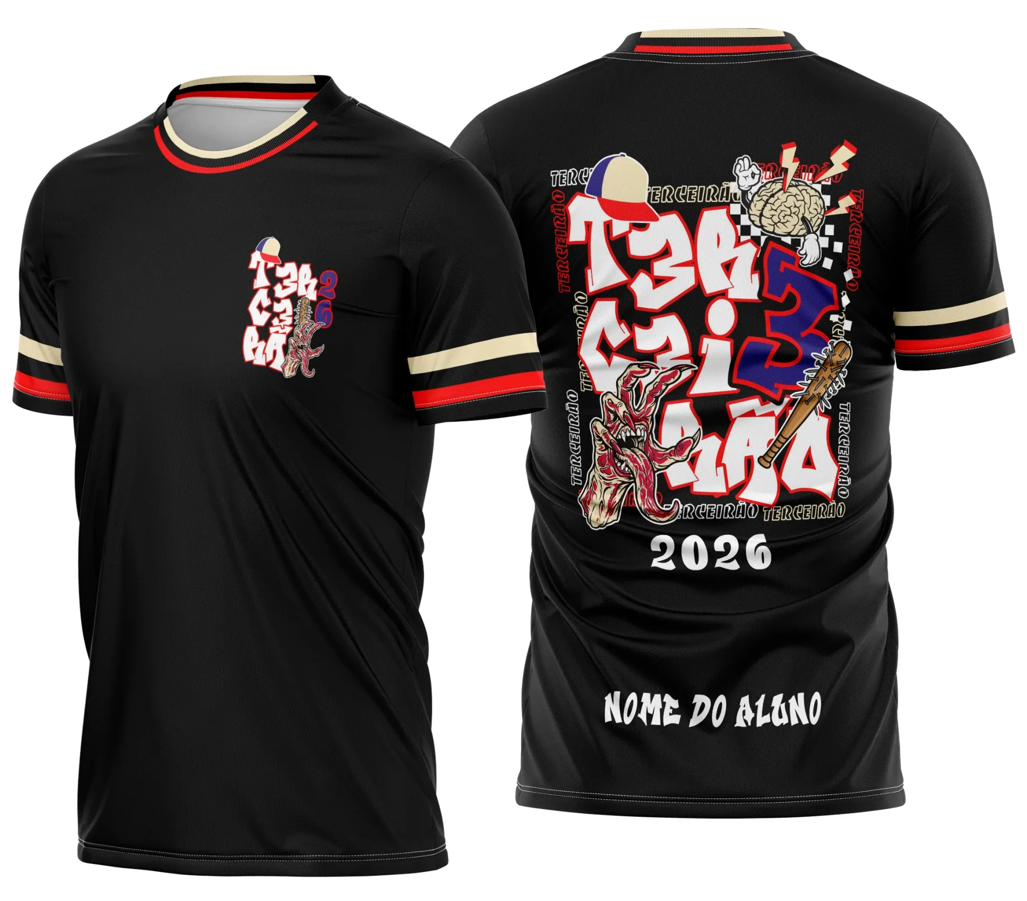 Camiseta unissex preta com logo no peito e estampa grande nas costas inspirada em Vecna de Stranger Things, perfeita para fãs do Terceirão.