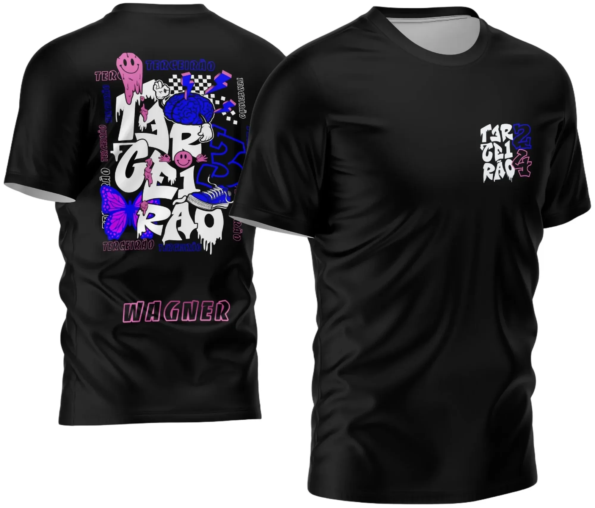 Camiseta unissex preta com logo no peito e estampa grande nas costas de borboleta colorida, tema Terceirão, perfeita para formandos que querem estilo e identidade na hora da pose.