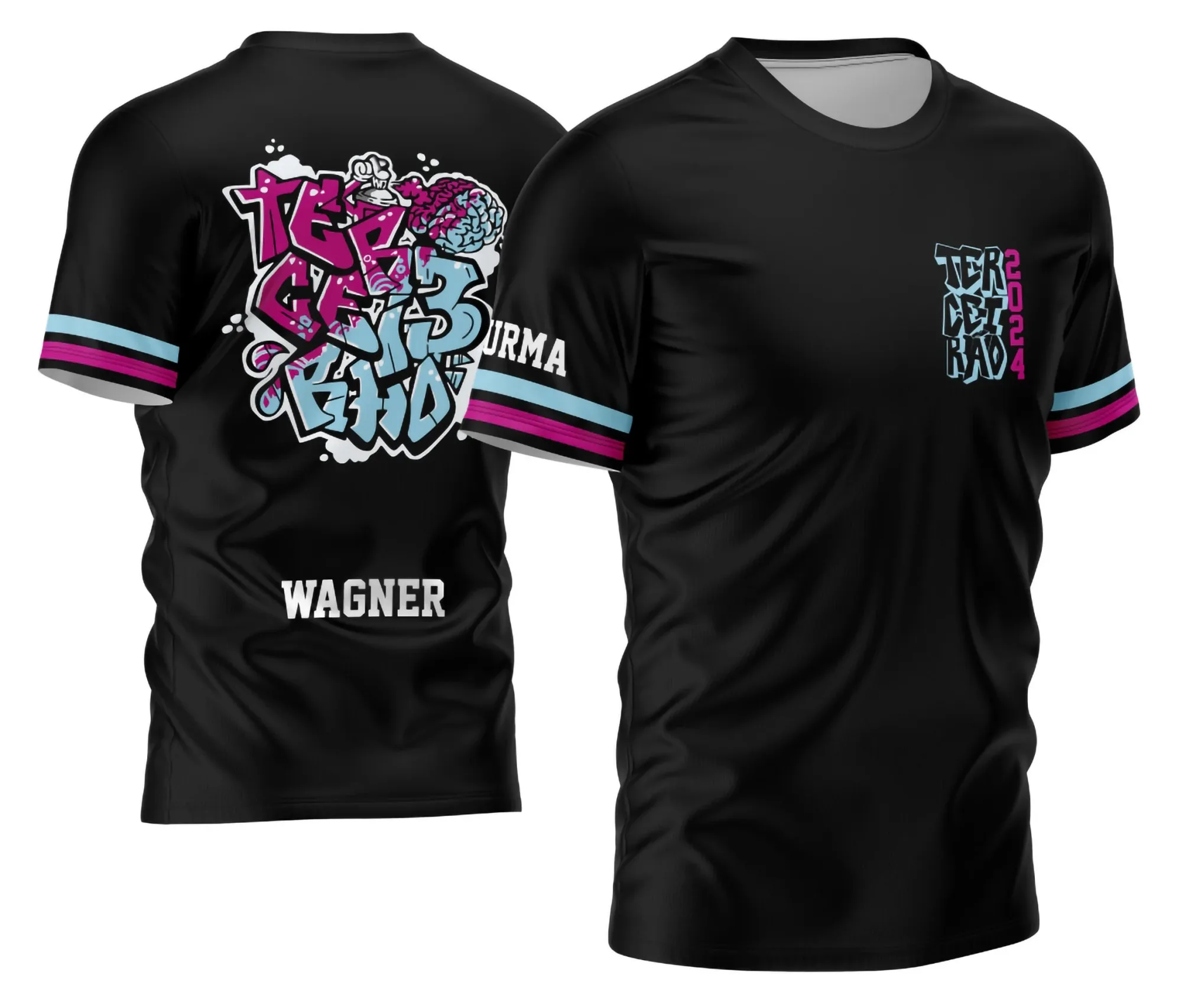 Camiseta unissex preta com logo no peito e estampa grande nas costas com tema Terceirão Mente Criativa Spray, perfeita para estudantes que querem estilo e personalidade.