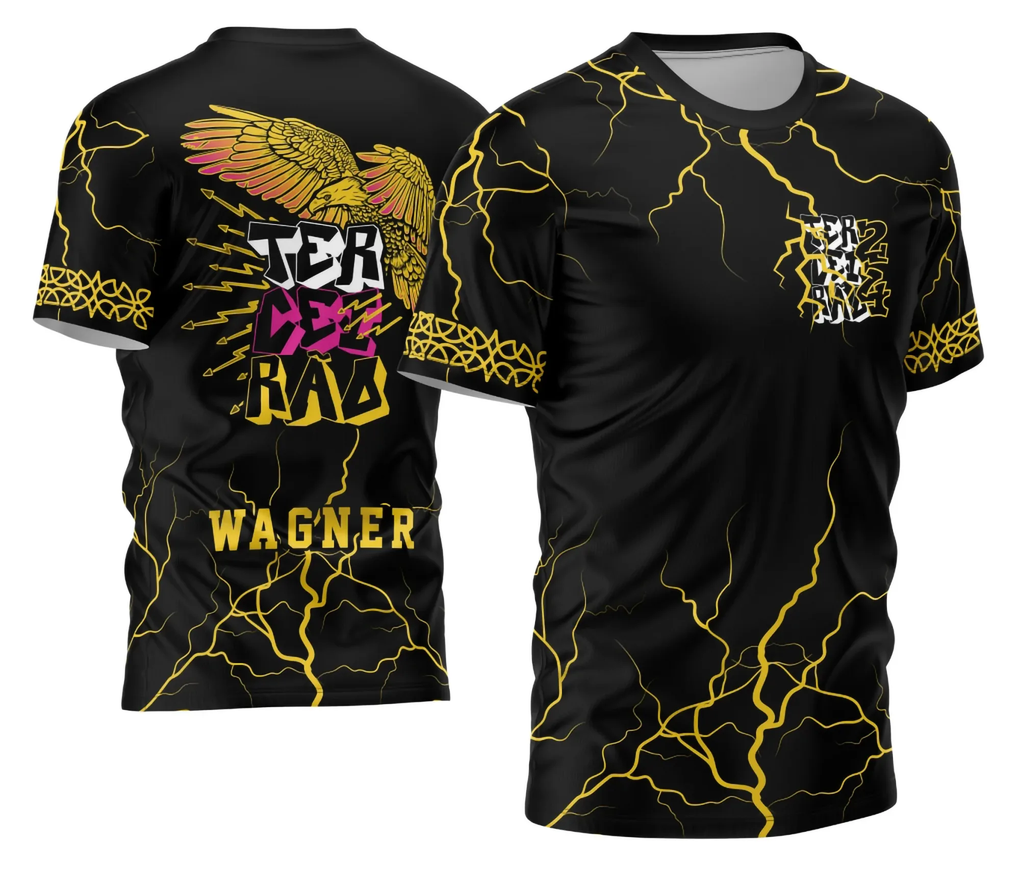 Camiseta preta unissex com logo no peito e estampa grande nas costas apresentando Águia em Chamas 2026 em estilo impacto para Terceirão.