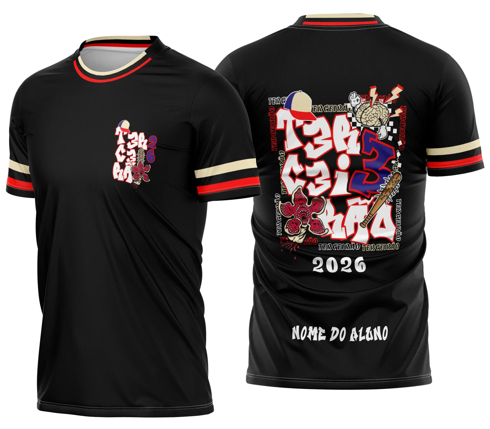 Camiseta unissex preta com logo no peito e estampa grande nas costas mostrando Demogorgon do Stranger Things, ideal para fãs e turma do terceirão.