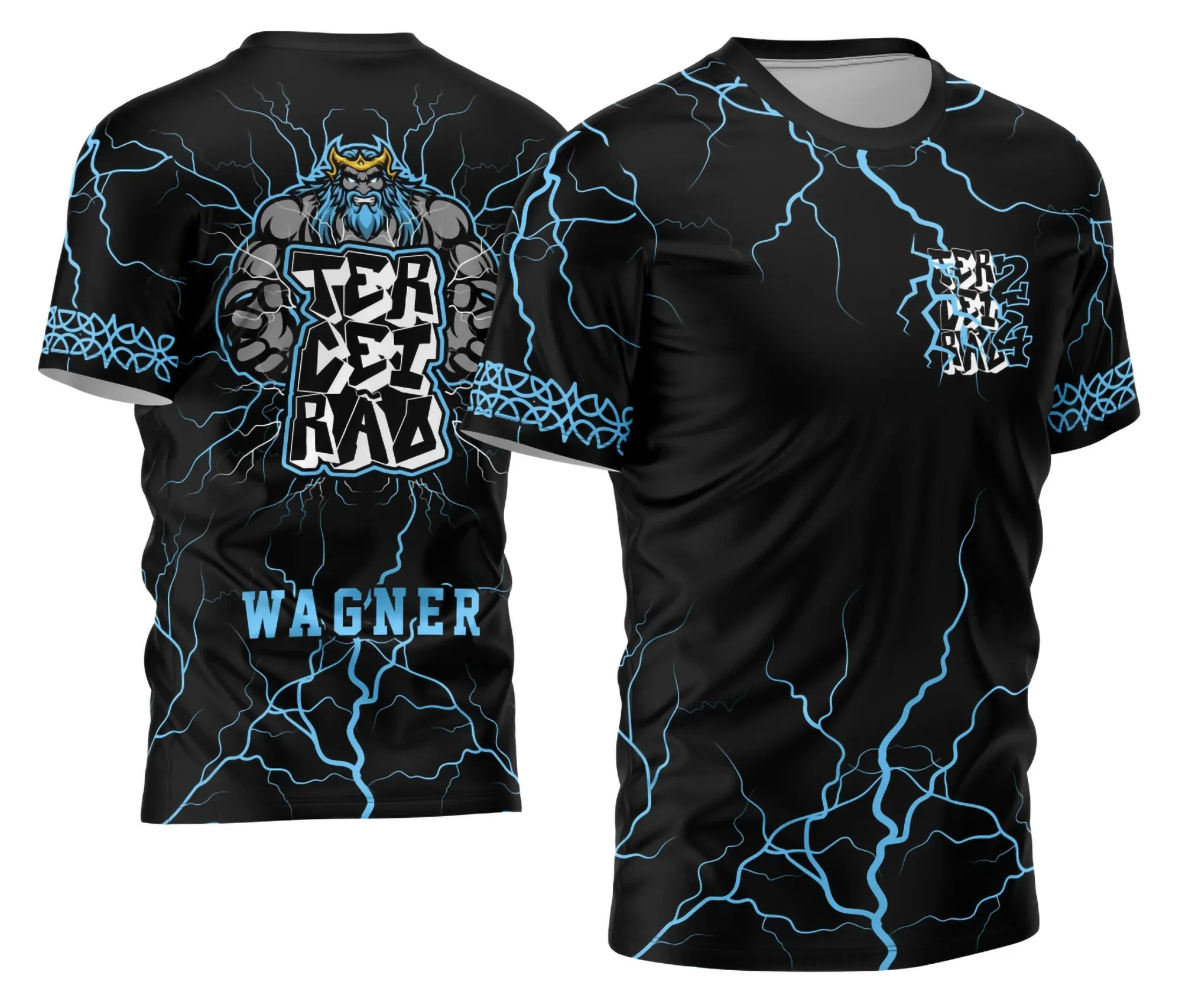 Camiseta unissex preta com logo no peito e estampa grande nas costas mostrando o tema Terceirão Zeus em Chamas 2026, design vibrante e marcante para estudantes finalistas.