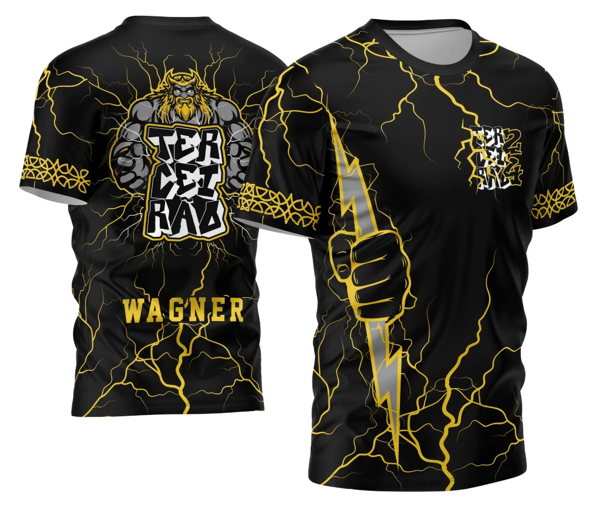 Camiseta unissex preta com logo no peito e estampa grande nas costas, tema Terceirão Zeus Fúria 2026 Edição 04, design moderno e impactante, ideal para turma de formandos.