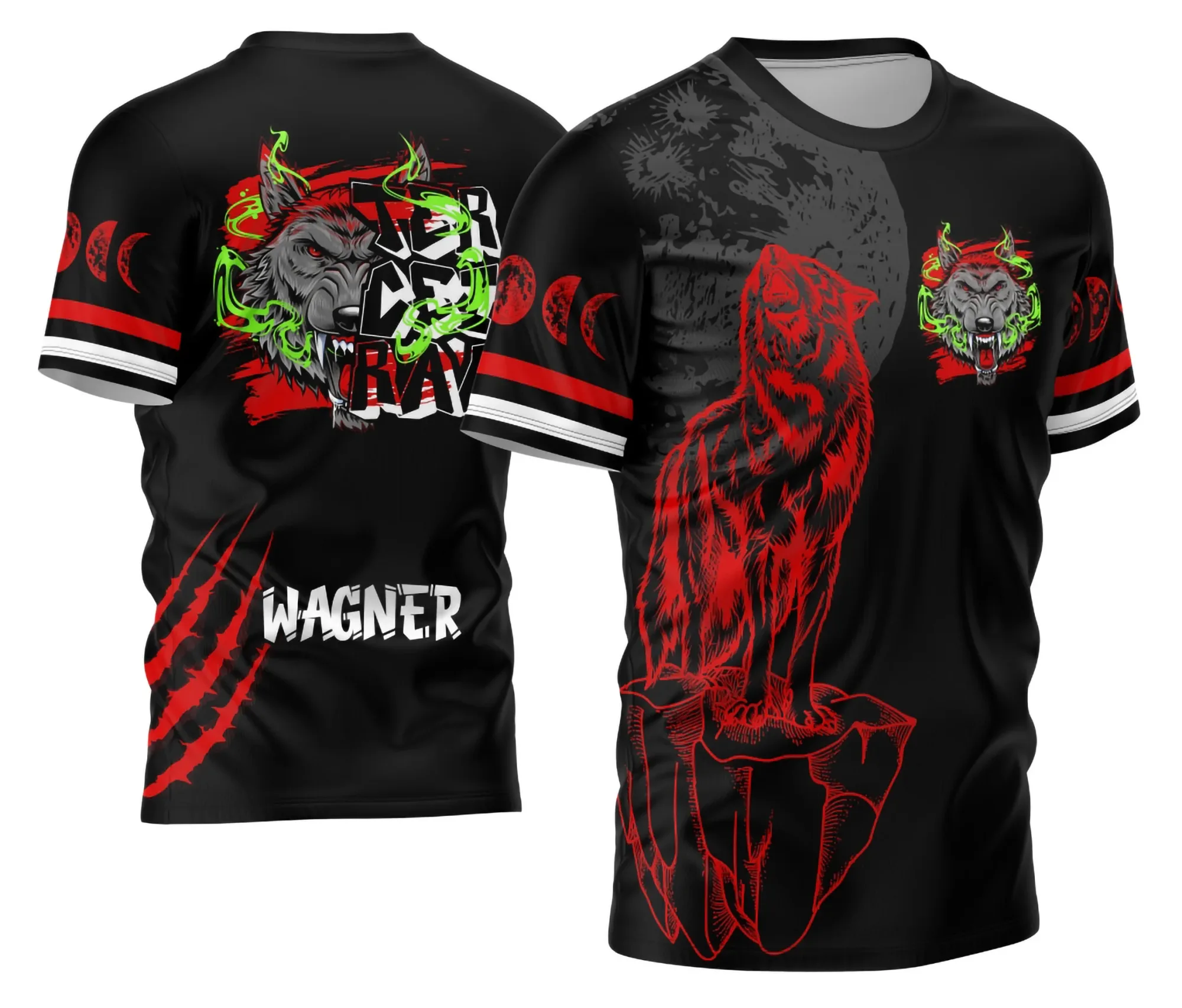 Camiseta unissex preta com logo no peito e estampa grande nas costas mostrando Lobo da Lua em design exclusivo Terceirão 15, perfeita para estudantes e fãs de temas místicos.