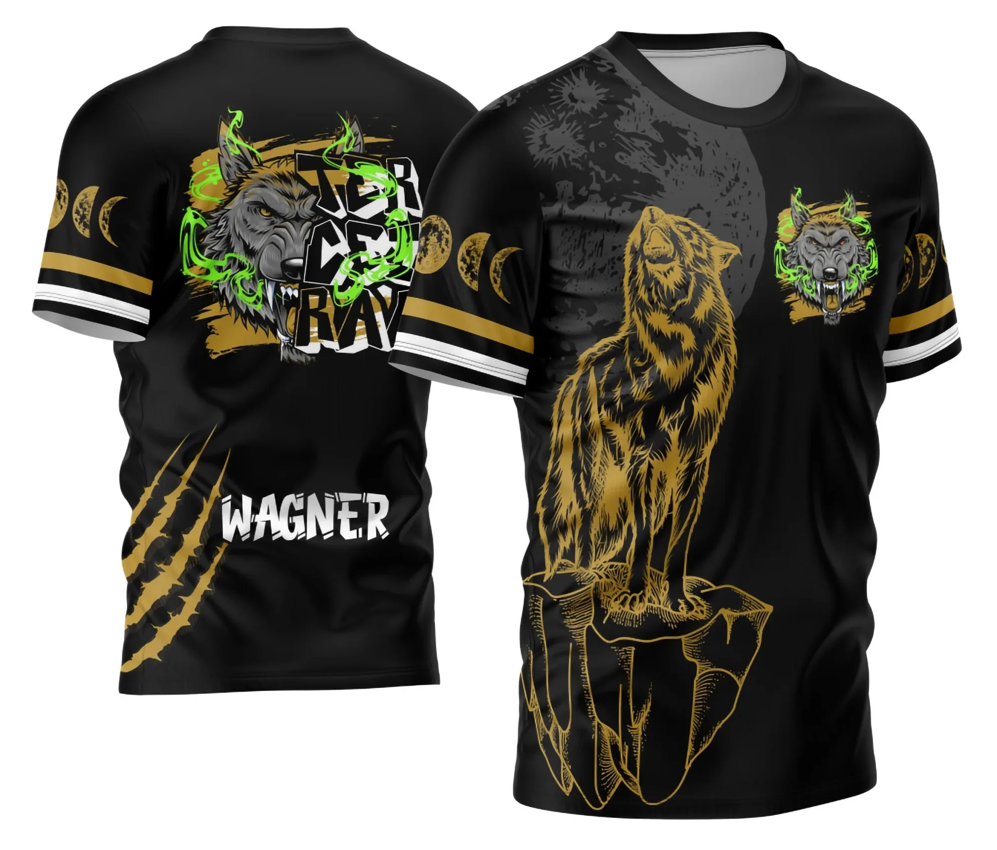 Camiseta unissex preta com logo no peito e estampa grande nas costas mostrando Lobo da Lua, tema Terceirão, estilo único e moderno, ideal para estudantes em destaque.