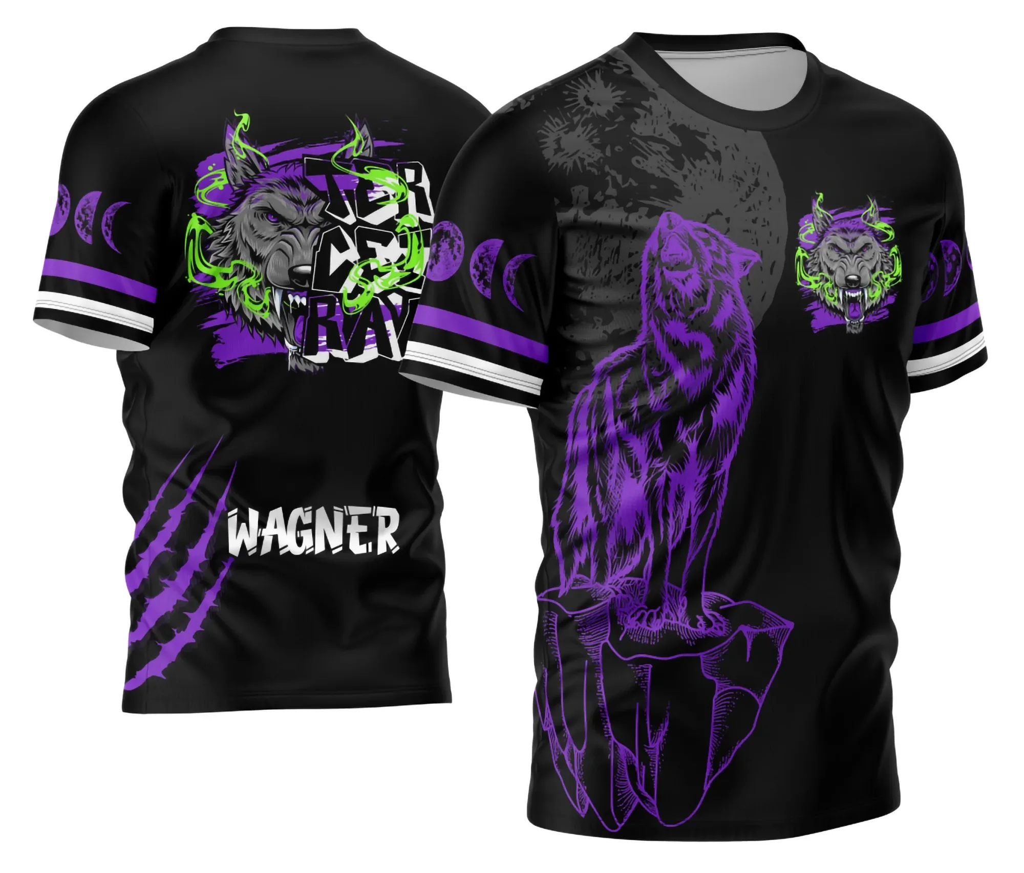 Camiseta unissex preta com logo no peito e estampa grande nas costas mostrando o Lobo da Lua do Terceirão em design exclusivo, ideal para lembrar os melhores momentos da turma.