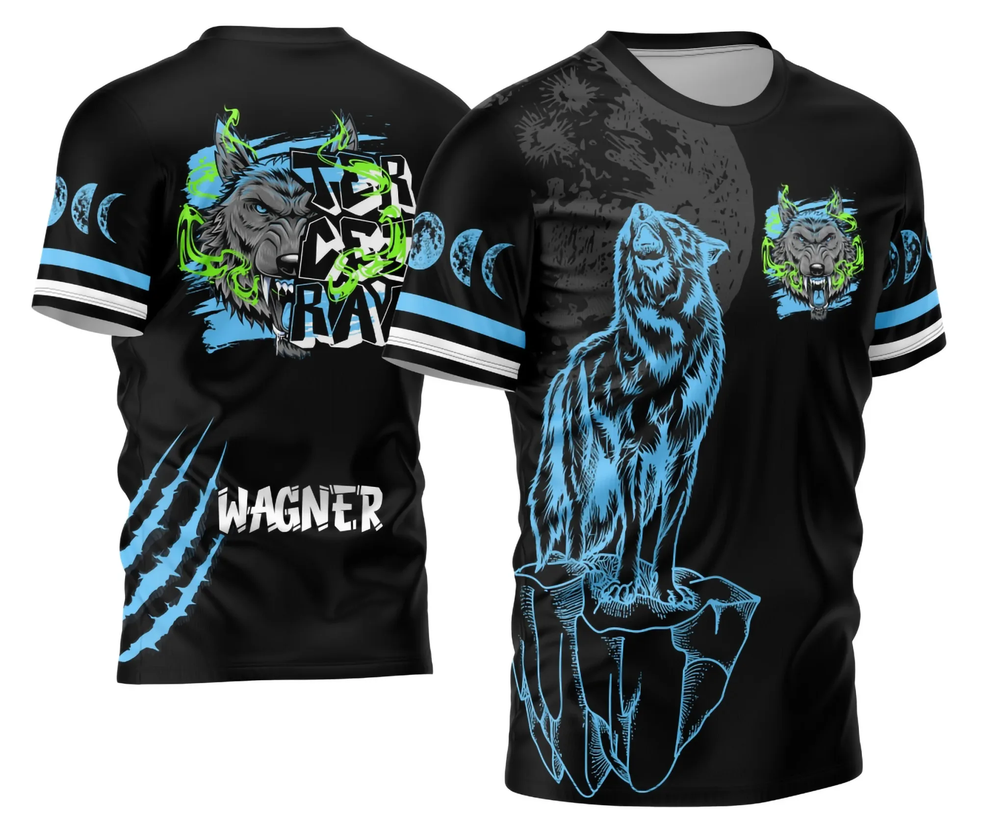 Camiseta unissex preta com logo no peito e estampa grande nas costas, tema Lobo da Lua terceirão, ideal para estudantes e fãs de design exclusivo.