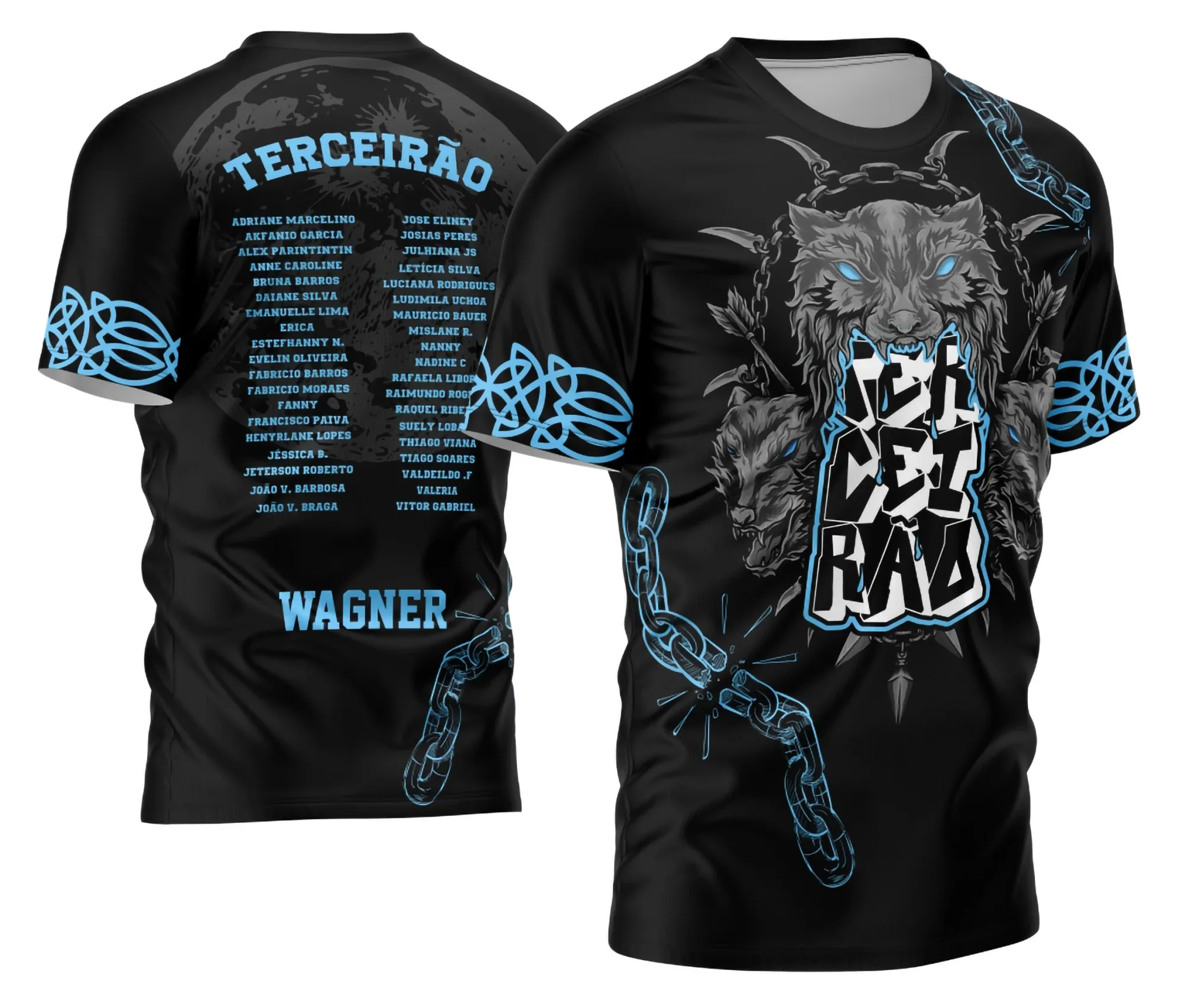 Camiseta unissex preta com logo no peito e estampa grande nas costas mostrando o tema Terceirão Pele de Lobo Modelo Impacto, peça moderna e cheia de atitude para estudantes e grupos.