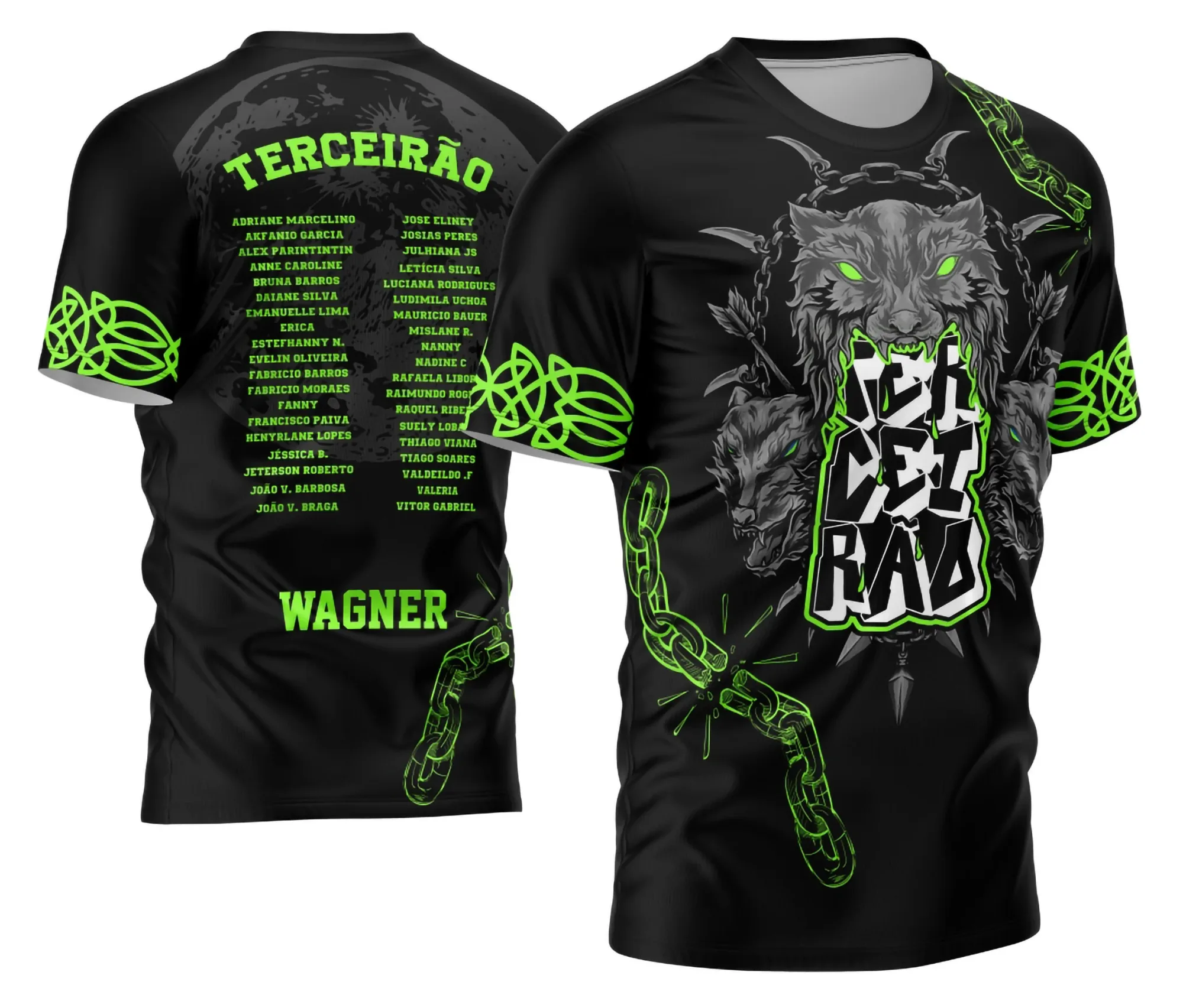 Camiseta preta unissex com logo no peito e estampa grande nas costas, tema Terceirão Estilo Pele de Lobo, visual moderno e impactante para estudantes finalistas.