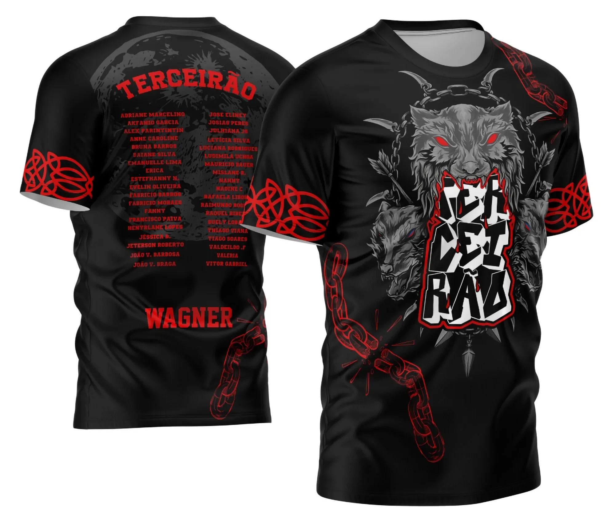 Camiseta unissex preta com logo no peito e estampa grande nas costas retratando o tema Terceirão Pele de Lobo, ideal para quem busca estilo marcante e exclusividade.