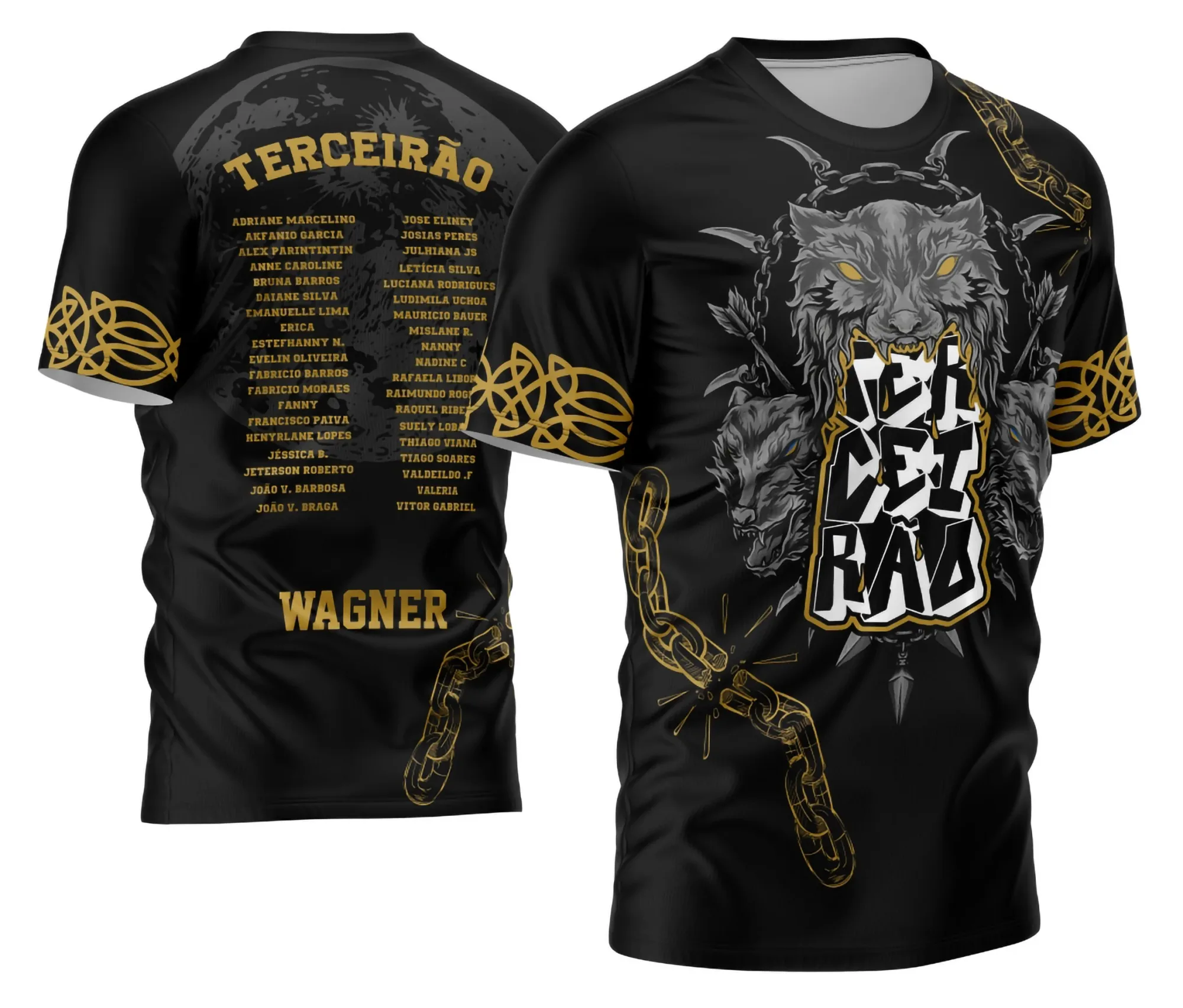 Camiseta unissex preta com logo no peito e estampa grande nas costas, mostrando o design exclusivo Terceirão Pele de Lobo, ideal para quem busca estilo e identidade na roupa.