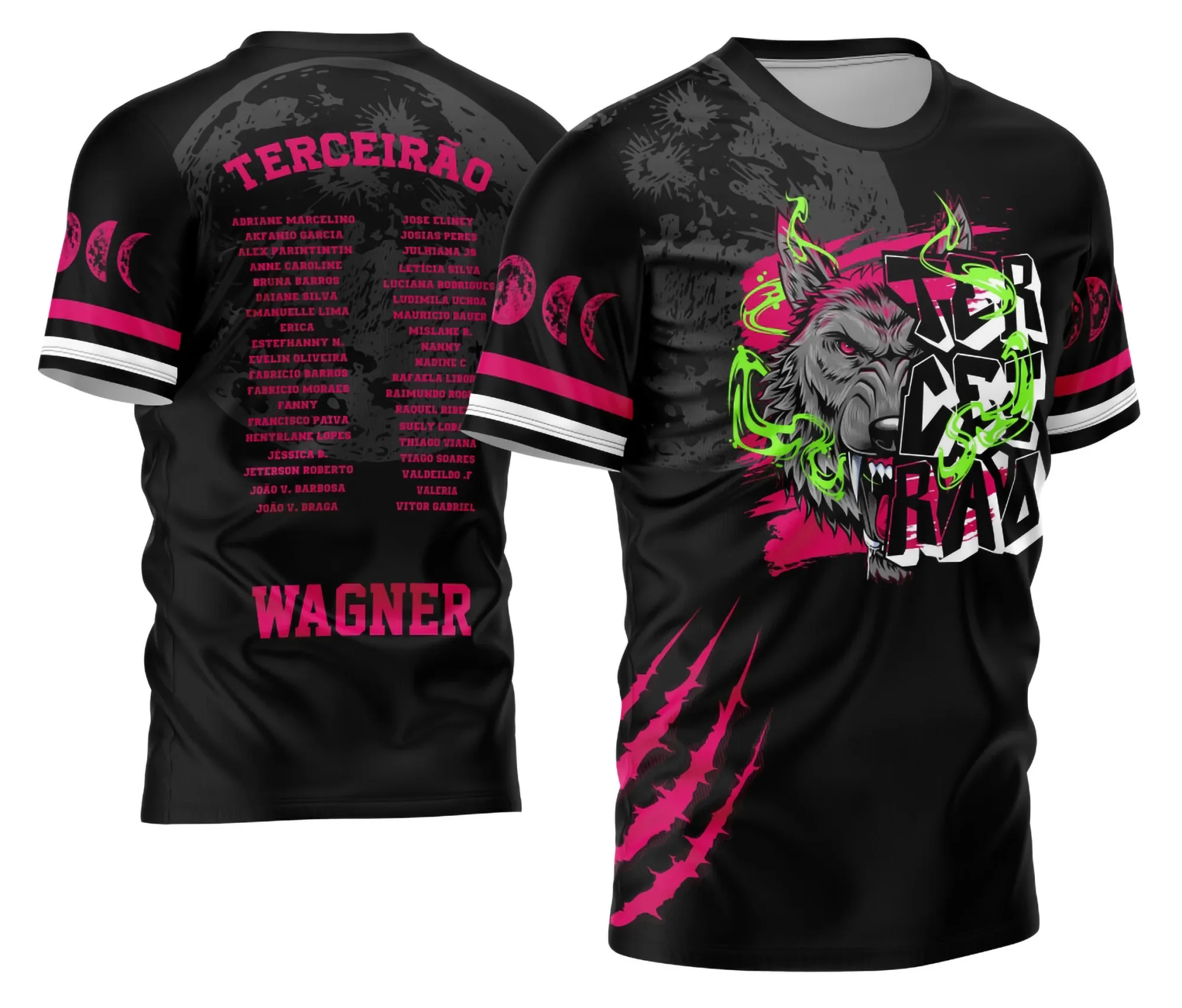 Camiseta unissex preta com logo no peito e estampa grande nas costas mostrando o Lobo da Lua, tema Terceirão, design exclusivo moderno e impactante.