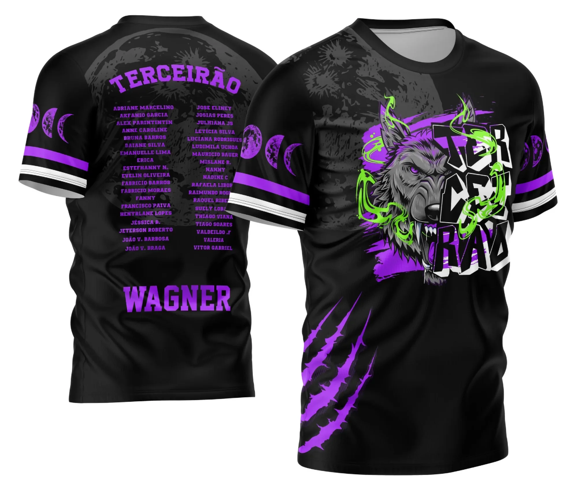 Camiseta unissex preta com logo no peito e estampa grande nas costas tem temática do Terceirão Lobo da Lua design exclusivo, perfeita para estudantes que buscam estilo e identidade.
