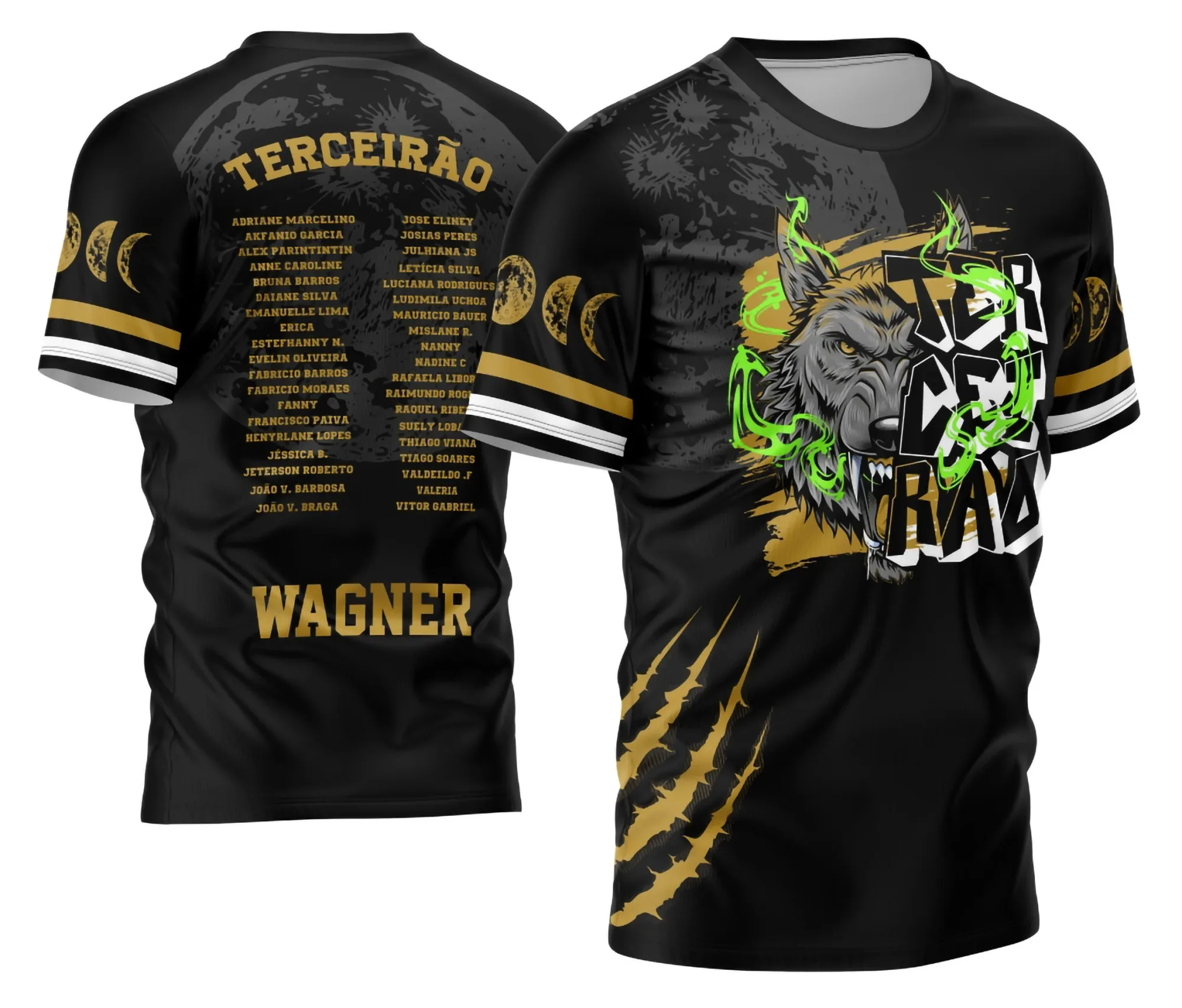 Camiseta unissex preta com logo no peito e estampa grande nas costas do tema Terceirão Lobo da Lua Estilo Exclusivo 07, perfeita para ocasiões especiais e eventos escolares.