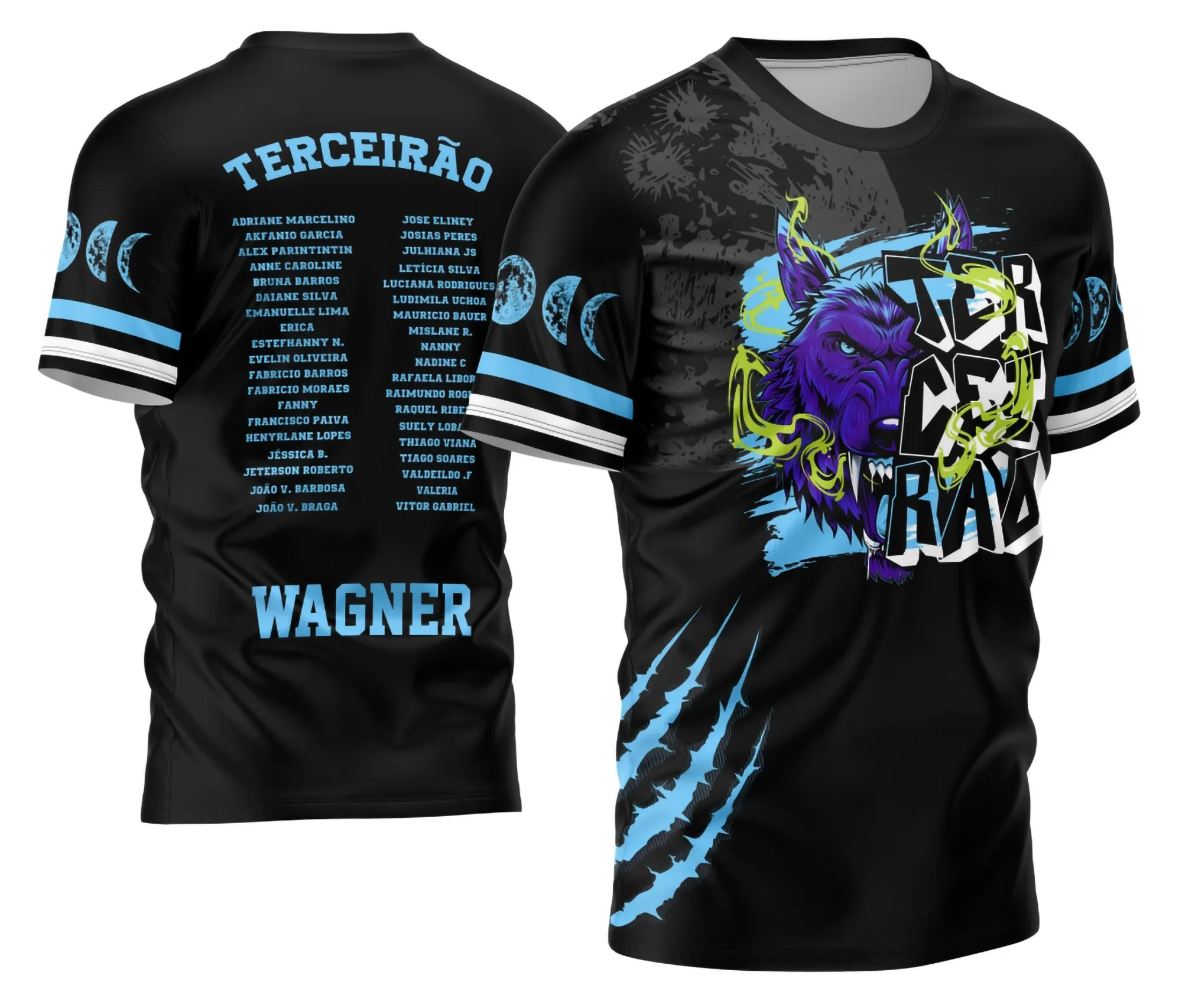 Camiseta unissex preta com logo no peito e estampa grande nas costas exibindo o tema Terceirão Lobo da Lua Modelo Exclusivo 05, perfeita para estudantes que querem comemorar em estilo.