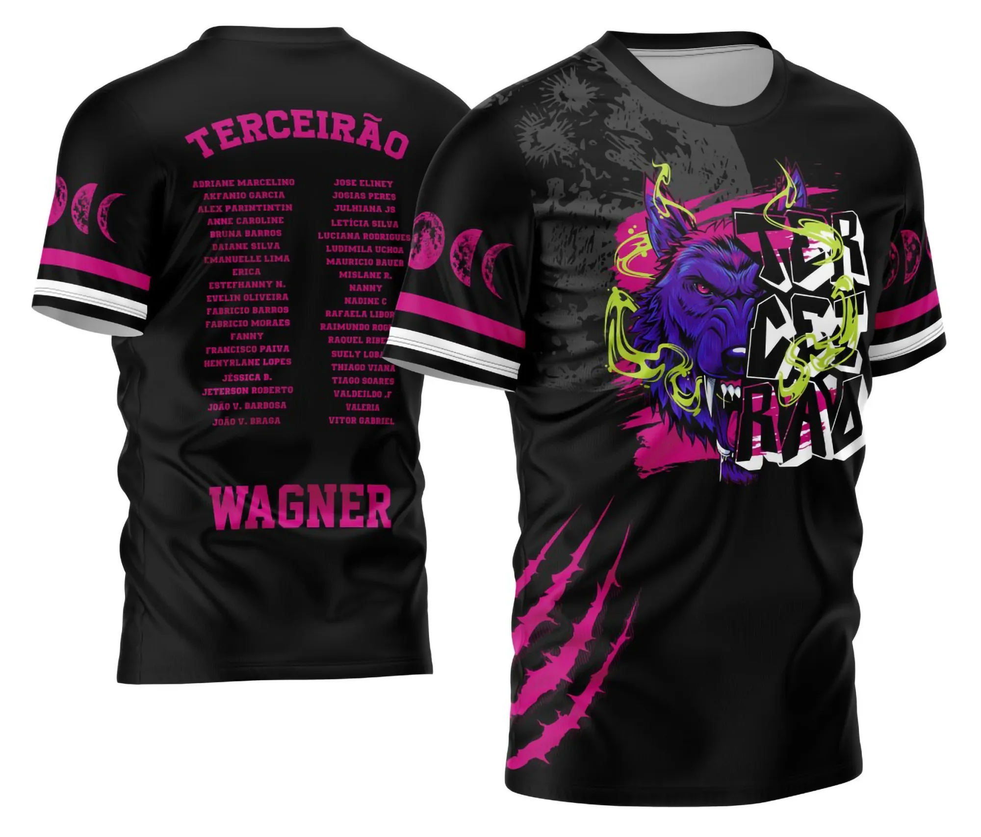 Camiseta unissex preta com logo no peito e estampa grande nas costas do Lobo da Lua Terceirão, estilo único e design exclusivo para turma finalista.
