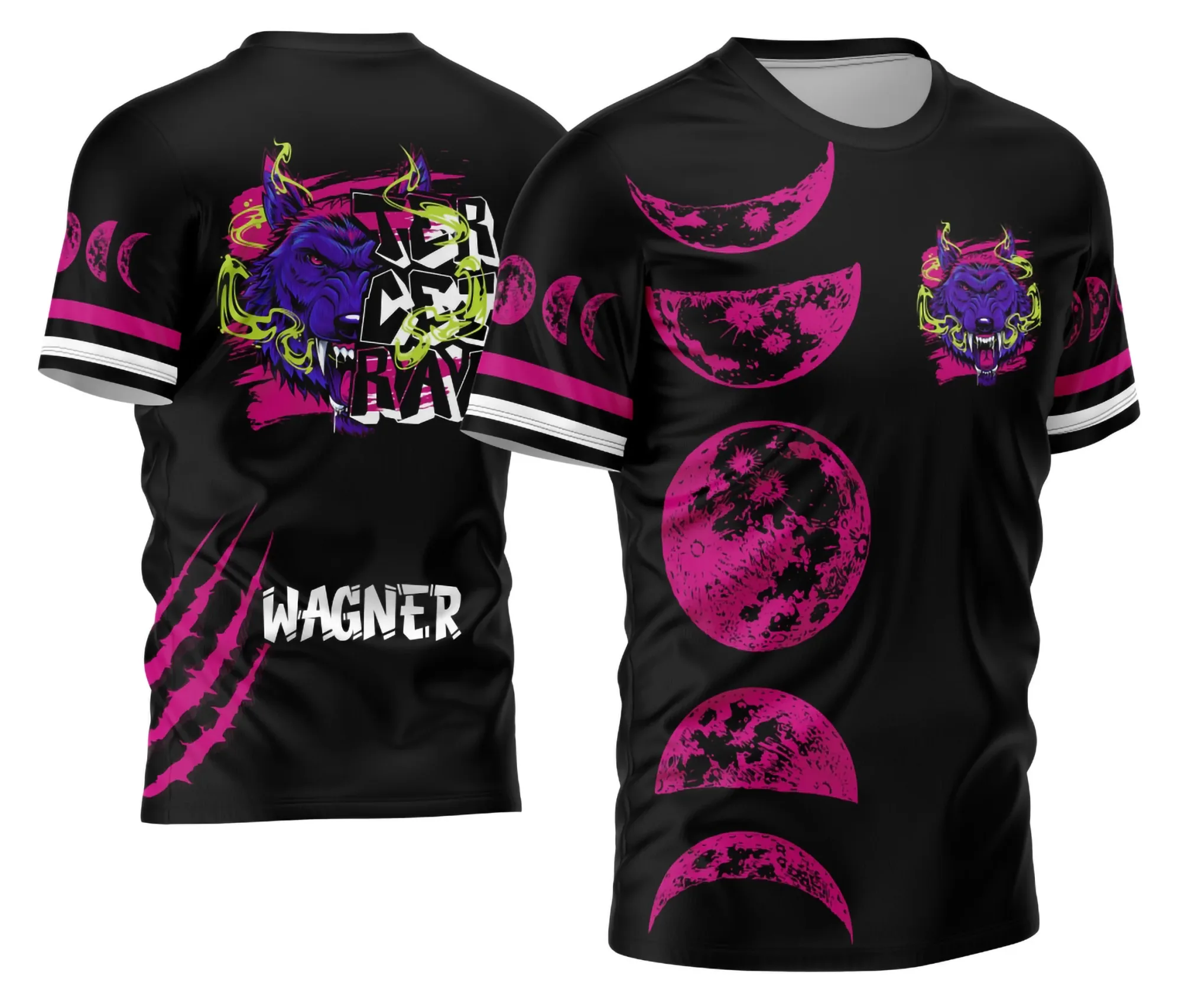 Camiseta unissex preta com logo no peito e estampa grande nas costas do Terceirão Lobo Lunar, destacando estilo e identidade única para estudantes em celebração do último ano.