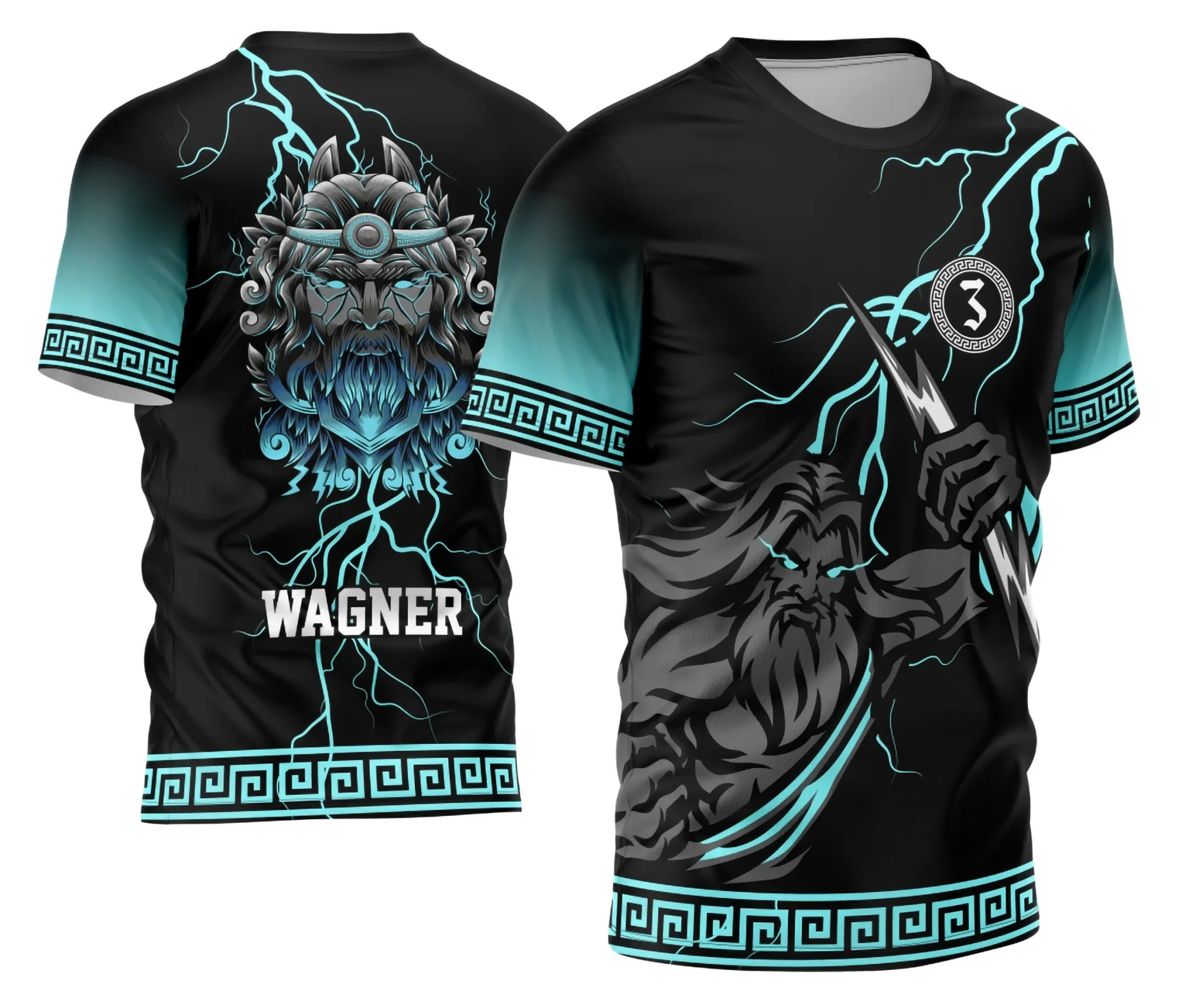 Camiseta unissex preta com logo no peito e estampa grande nas costas destacando Zeus e raios, tema Terceirão 2026, ideal para estudantes em clima de formatura.