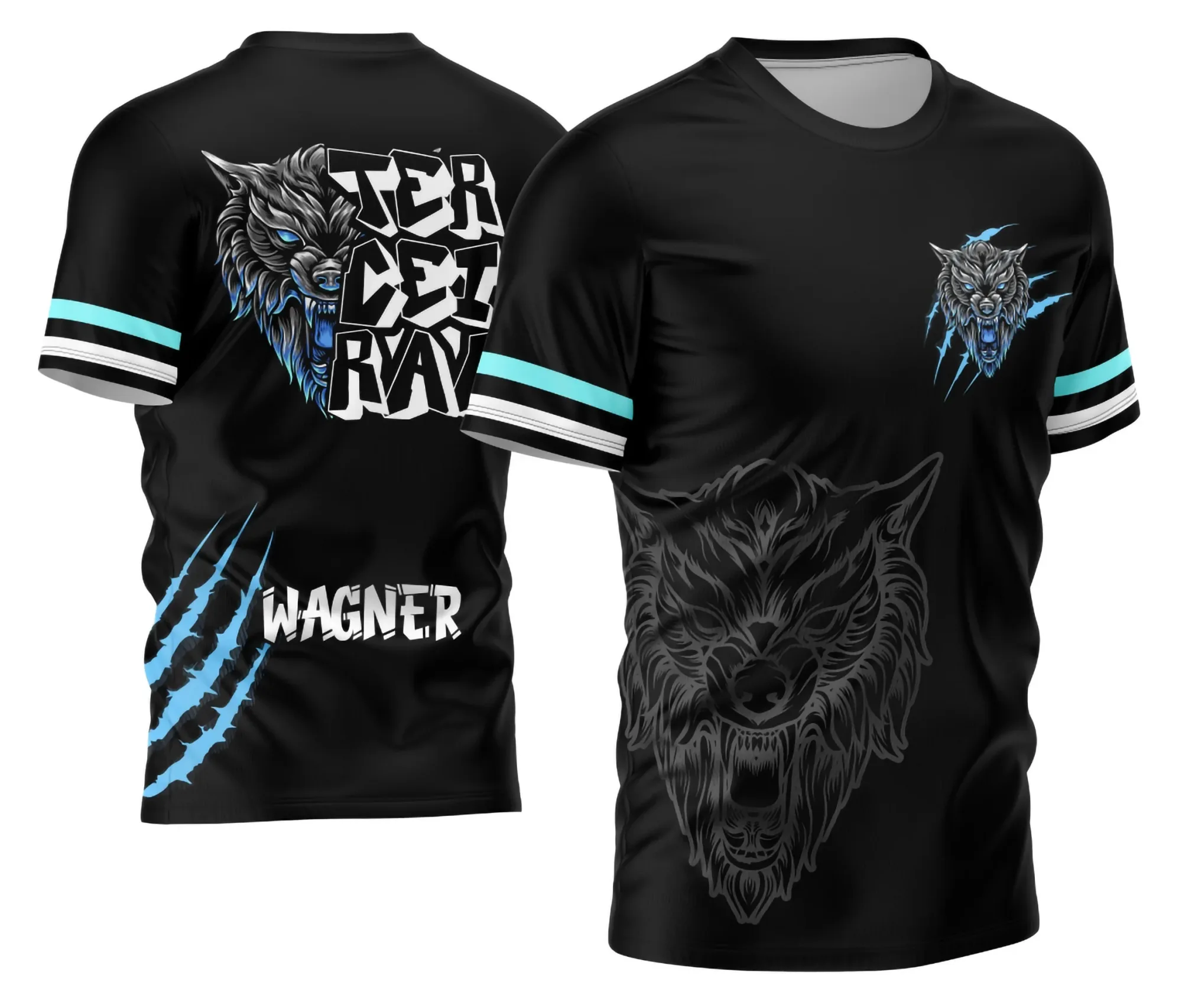 Camiseta unissex preta com logo no peito e estampa grande nas costas do Terceirão 2026, com design moderno e tema lobo, perfeita para estudantes que querem estilo e identidade.