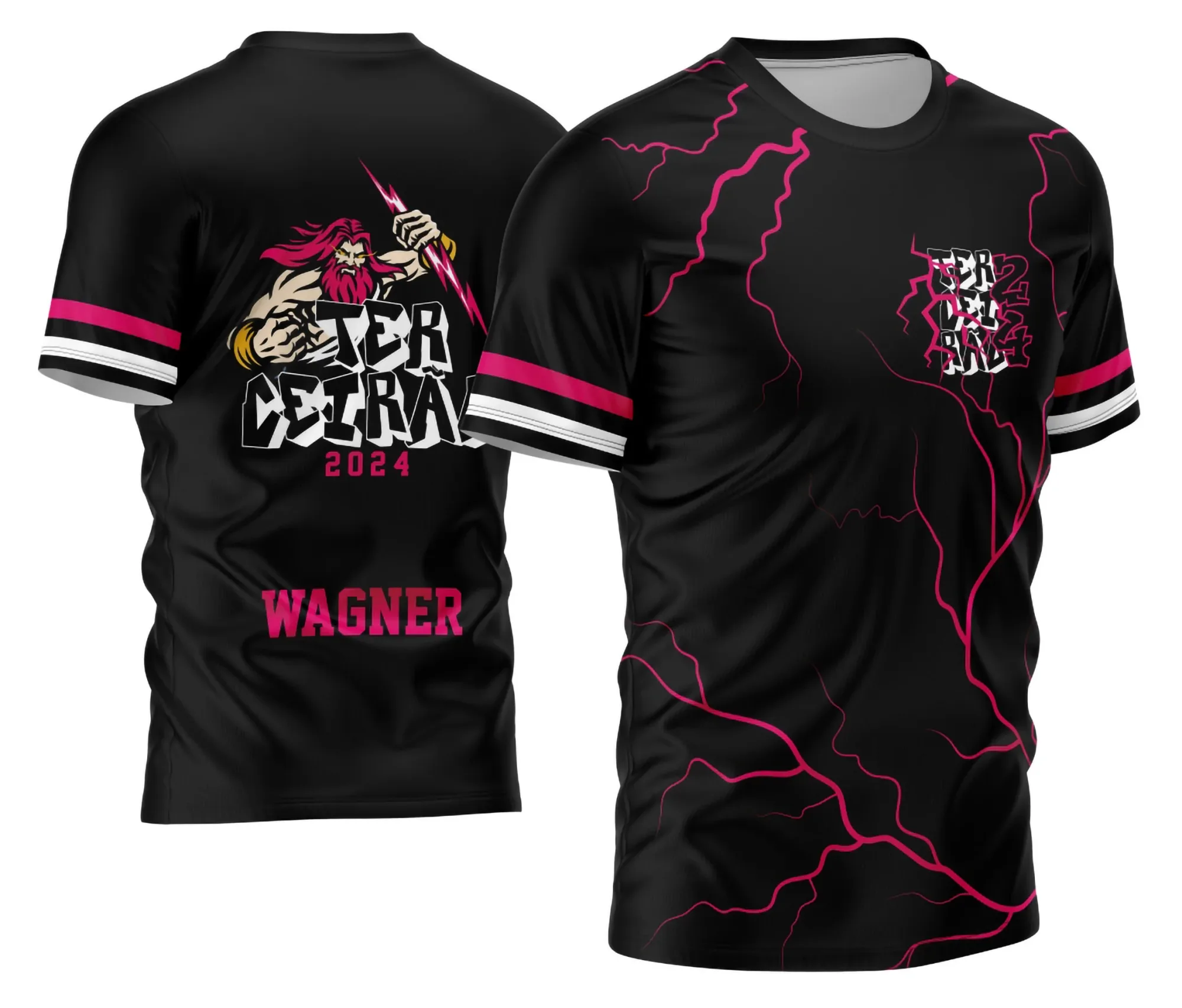 Camiseta unissex preta com logo no peito e estampa grande nas costas de Zeus com raios impactantes, ideal para turma do terceirão 2026 cheia de atitude e estilo.