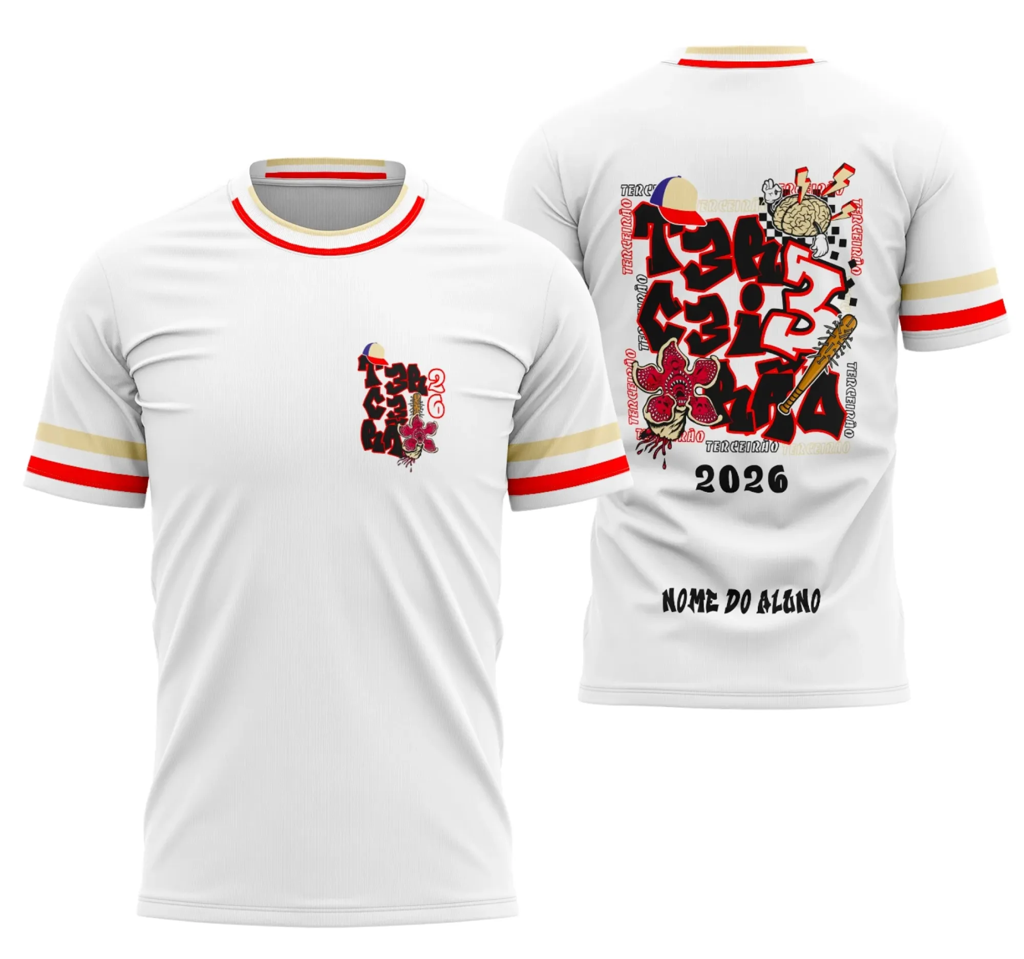 Camiseta unissex preta com logo no peito e estampa grande nas costas mostrando tema Demogorgon Revival inspirado em Stranger Things, ideal para fãs e turma de terceirão.