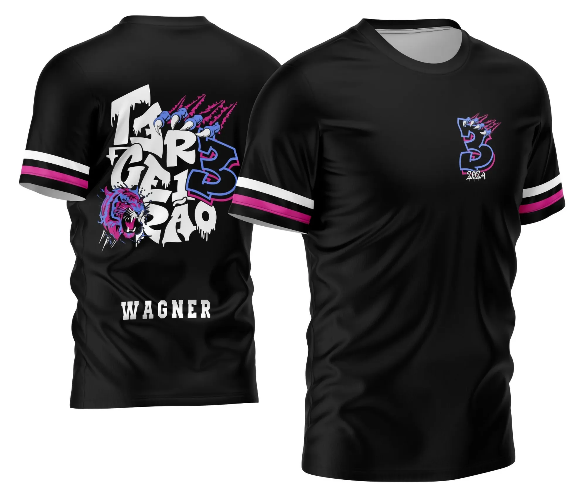 Camiseta unissex branca com logo no peito e estampa grande nas costas representando Terceirão Tigre Rosa e Azul 2026, ideal para turma de formatura e eventos escolares.