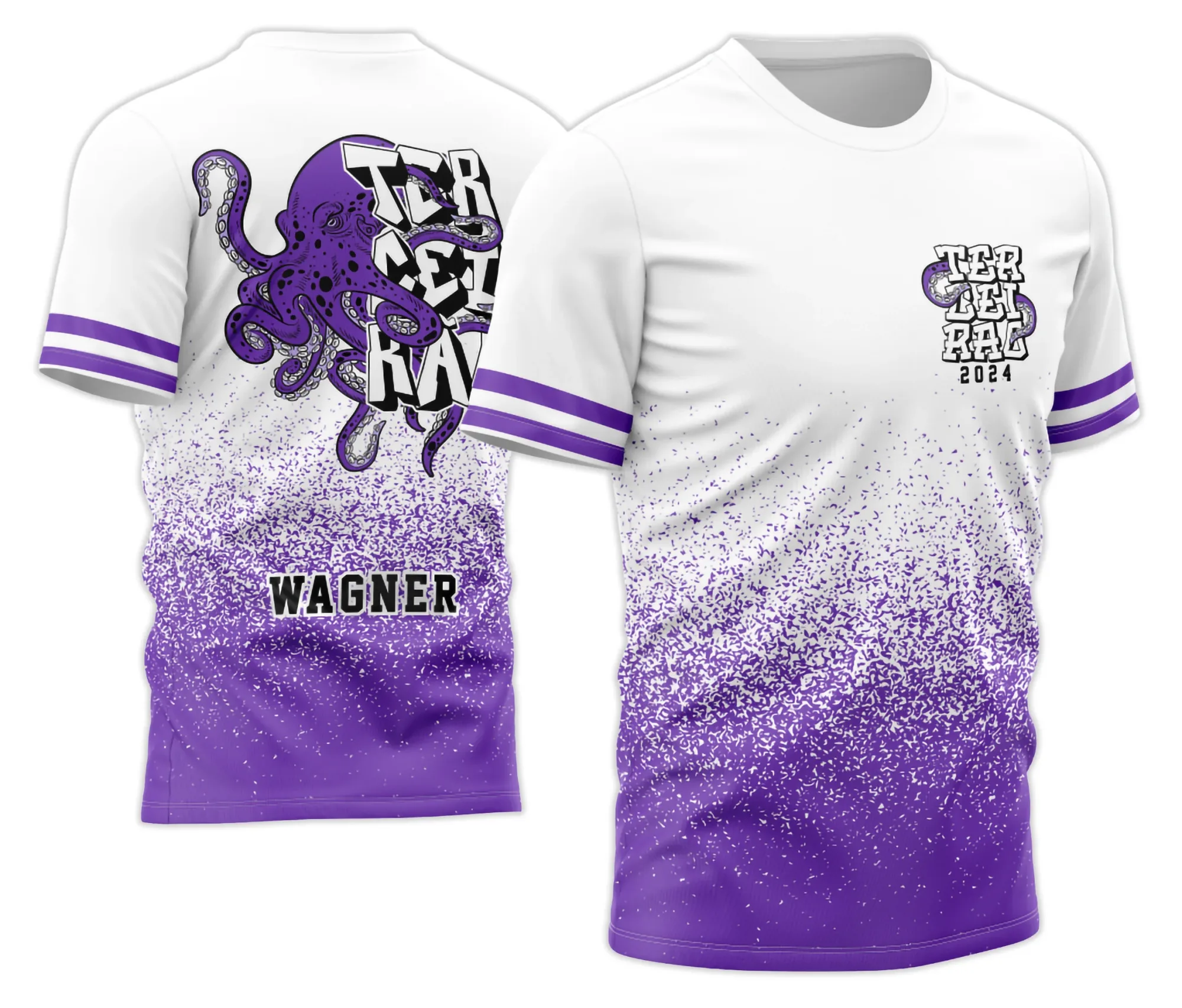 Camiseta unissex preta com logo no peito e estampa grande nas costas do Terceirão Polvo Violeta 2026 Modelo 04, ideal para estudantes celebrando formatura com estilo único e marcante.